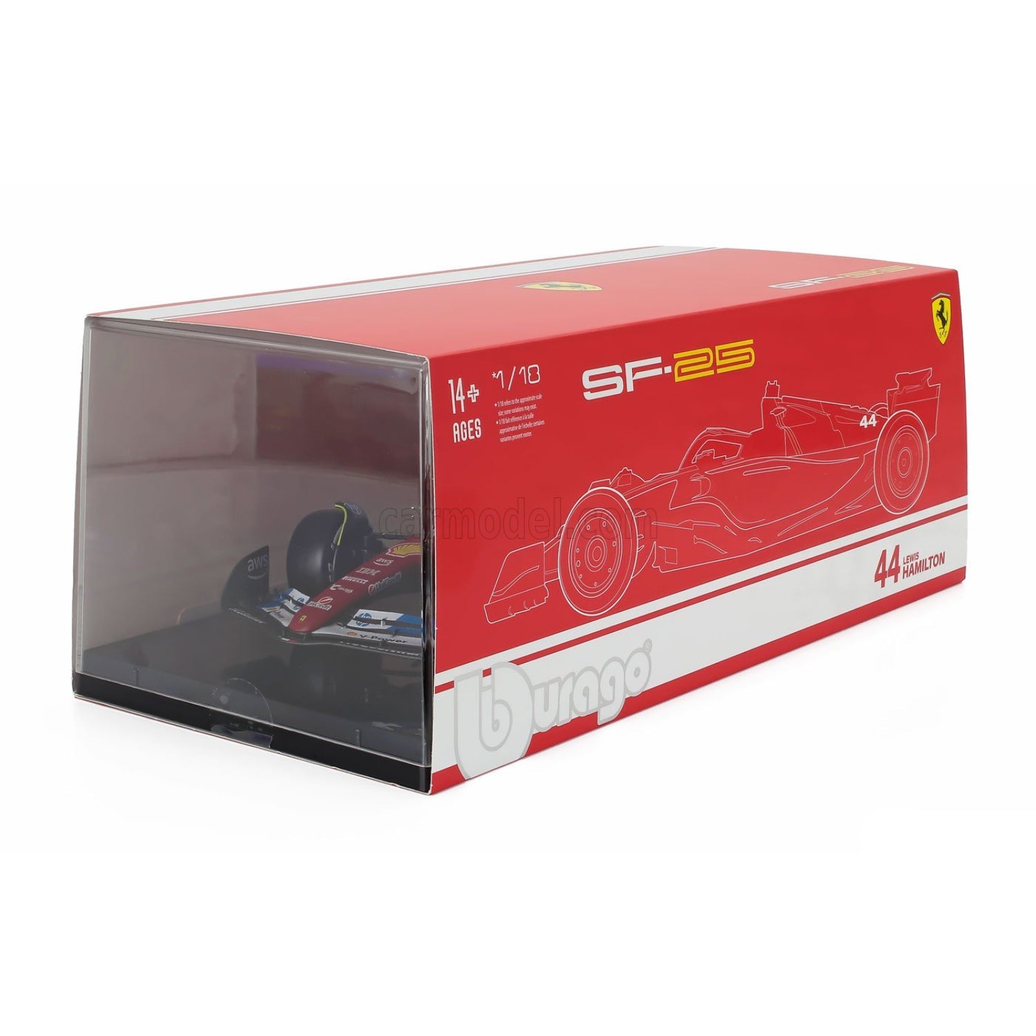 Carro F1 rojo SF-26 de MAISTO, vista frontal en caja transparente