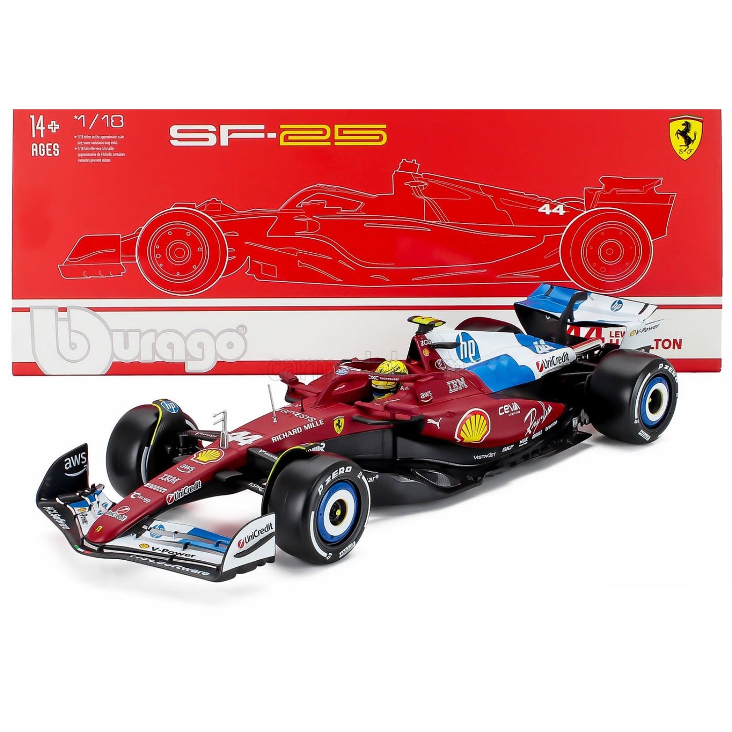 Carro F1 rojo Ferrari modelo SF-25 con detalles de diseño y presentación en caja