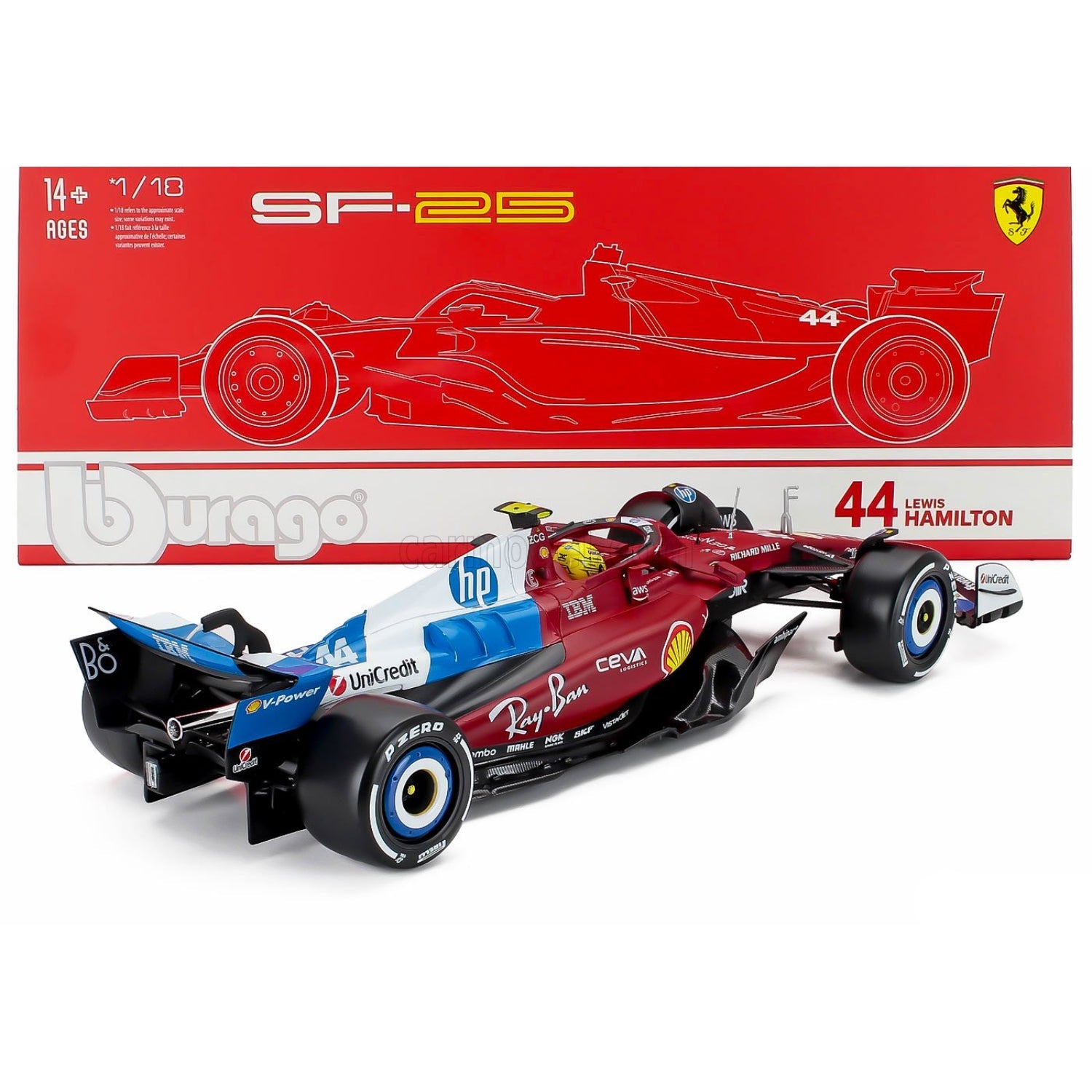 Carro F1 Ferrari SF-25 rojo lateral con piloto en detalle, colección Maisto