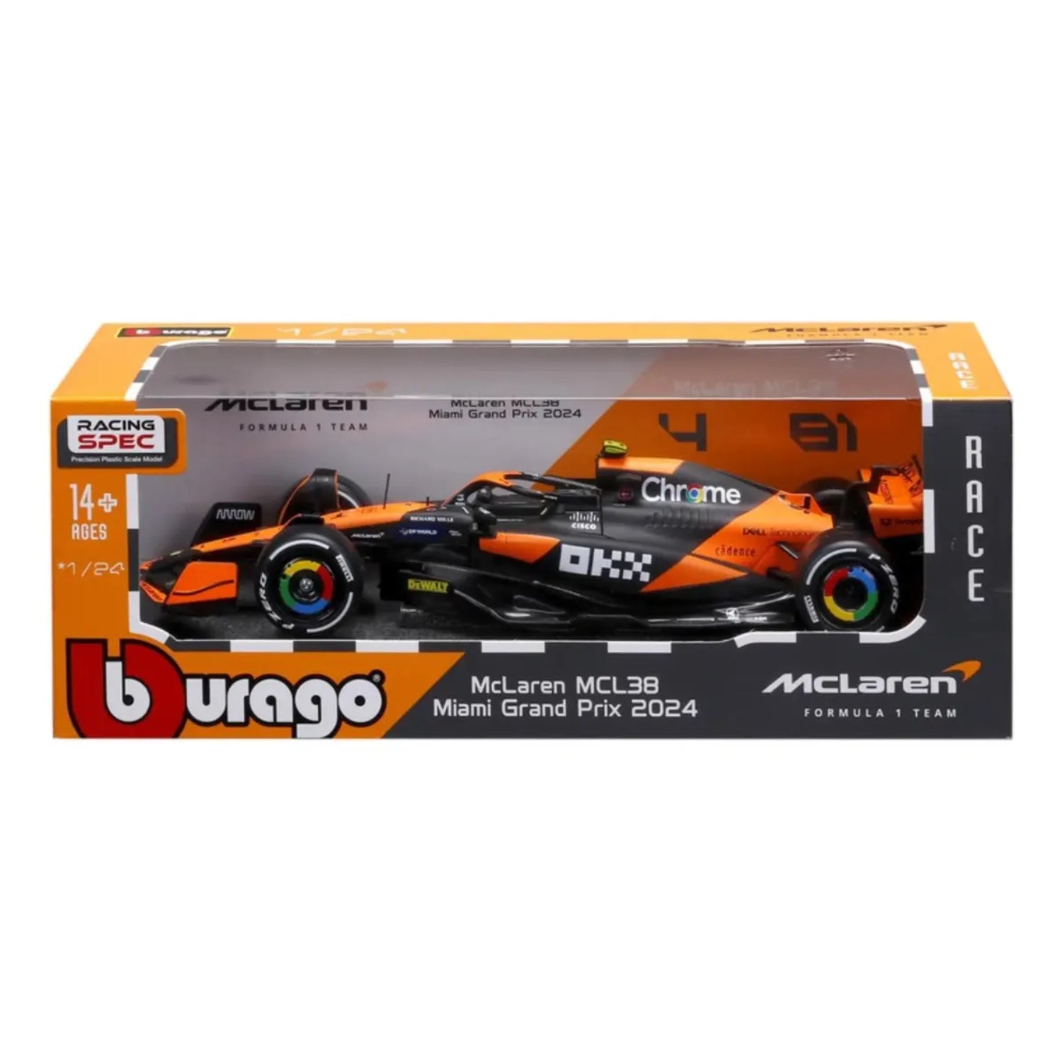 Carro F1 McLaren MCL38 naranja, vista lateral en caja, modelo de carrera