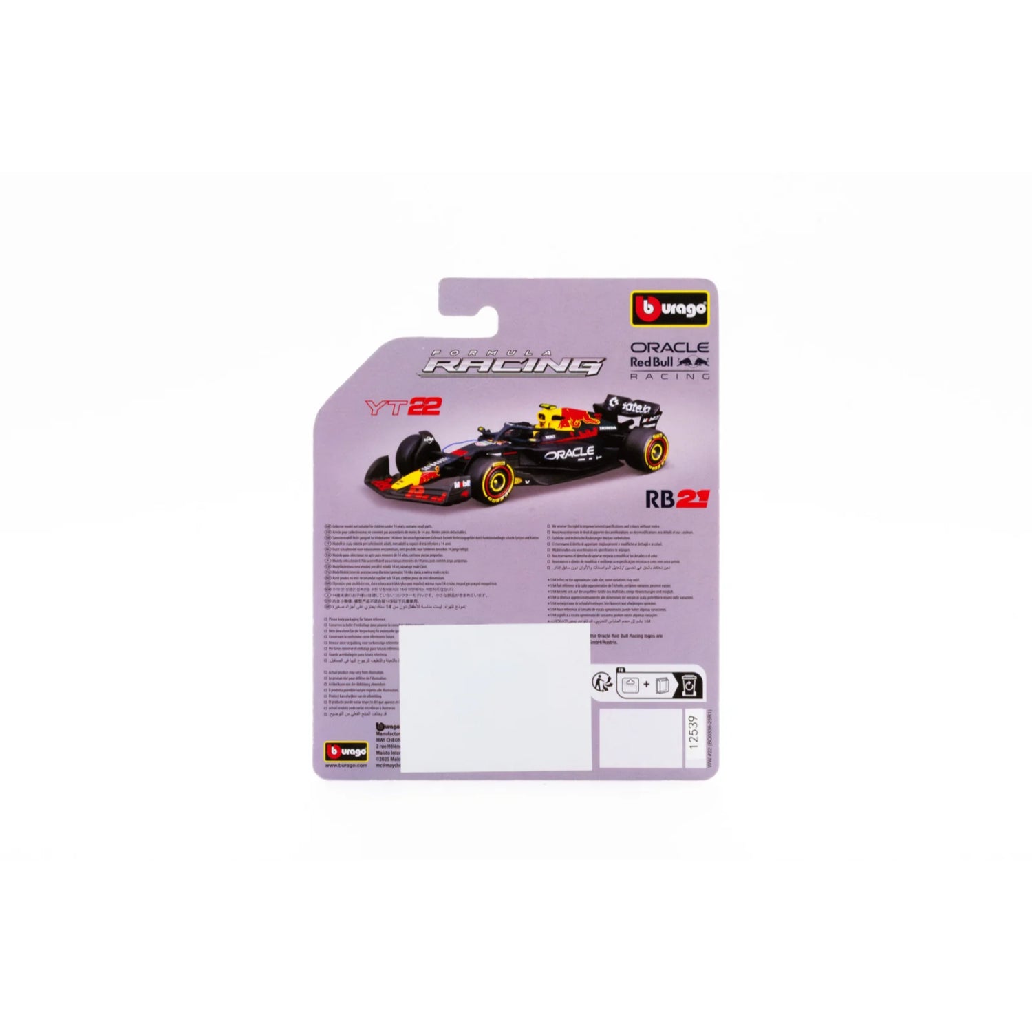 Carro de carreras modelo RB22 Maisto, vista trasera en empaque para coleccionistas