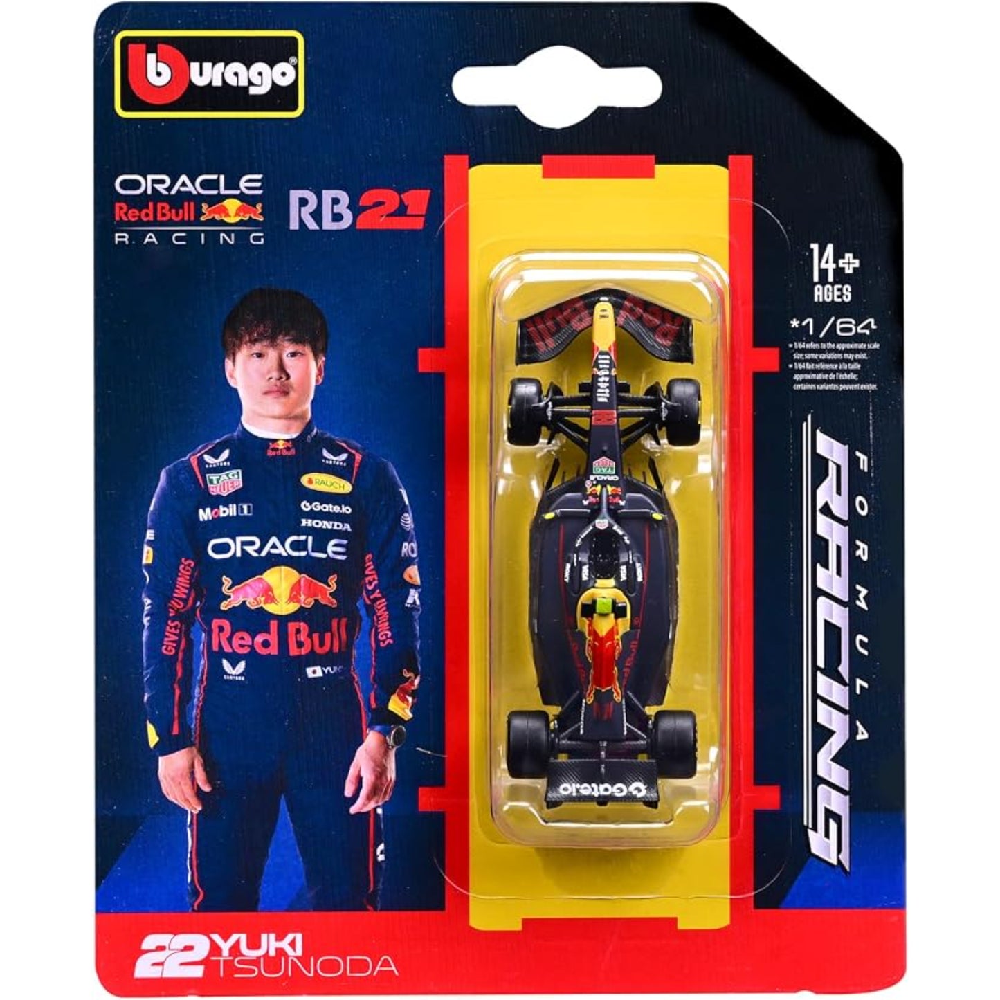 Carro de carreras Red Bull RB21, modelo 1/64, empaque frontal con figura de Yuki Tsunoda