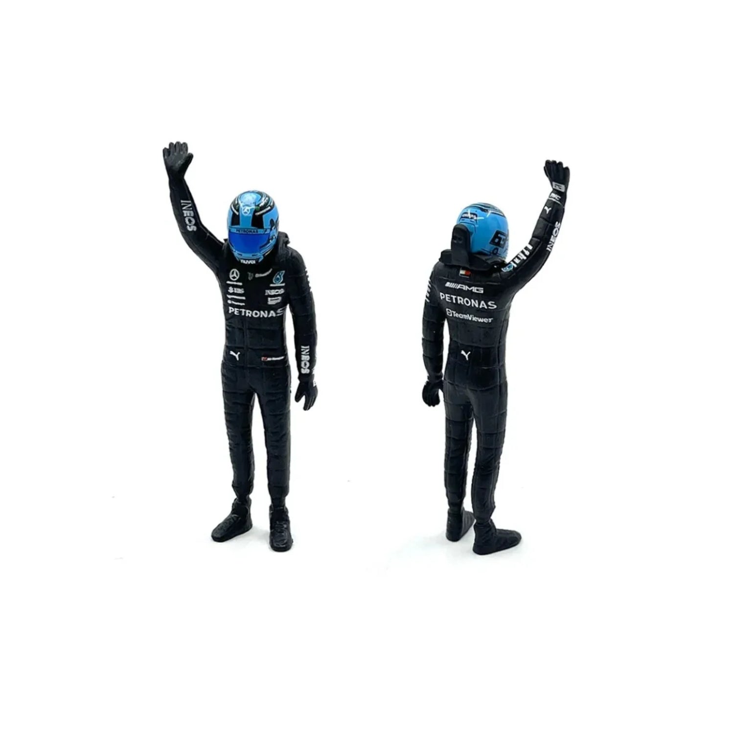 Figuras de piloto de carro f1 en uniforme negro, saludo, vista frontal y trasera