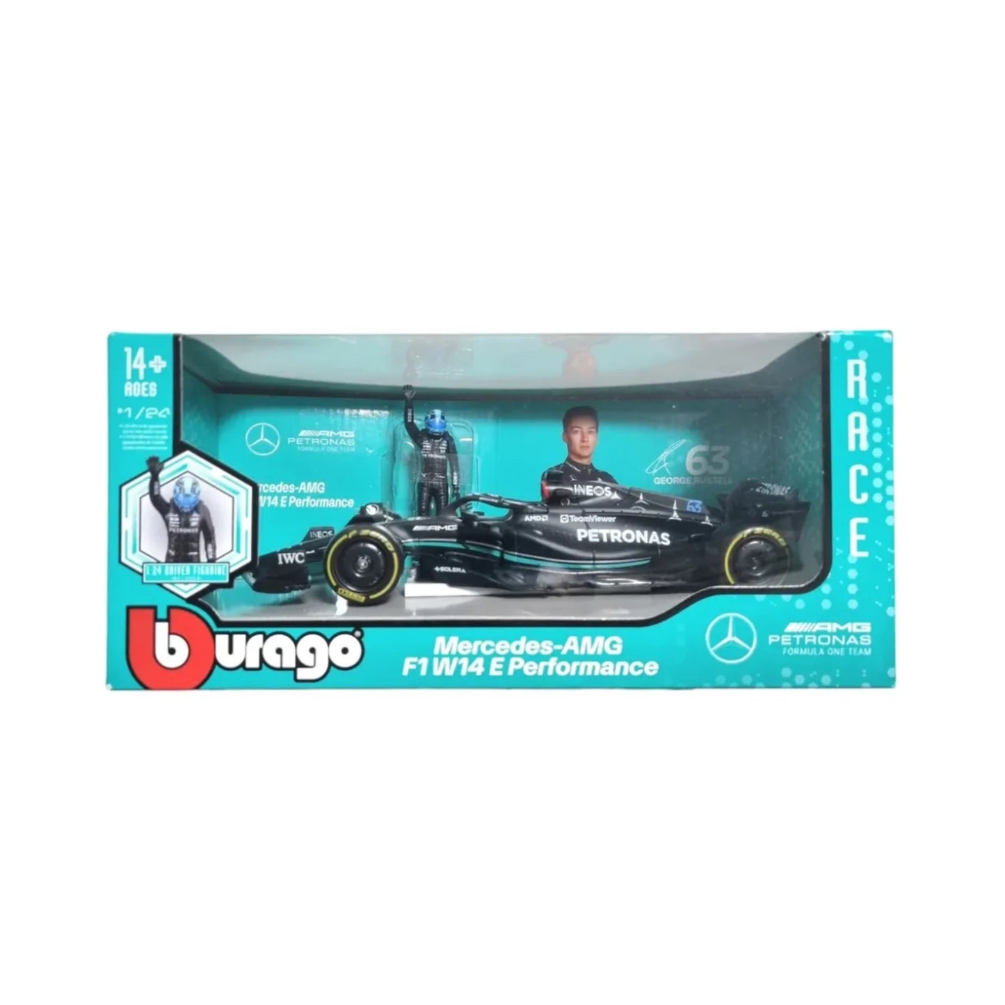 Carro F1 negro Mercedes-AMG, vista frontal en su empaque original