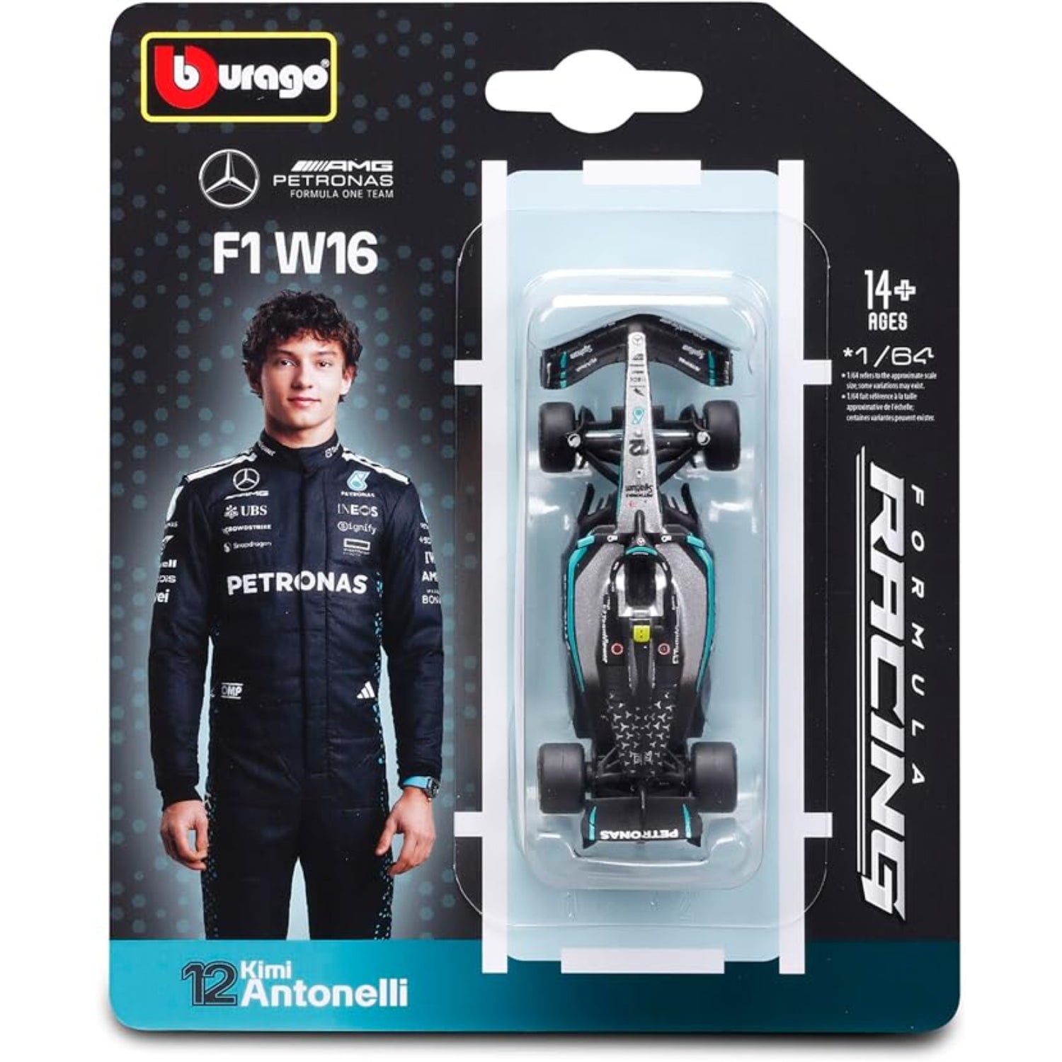 Carro de carreras F1 W16 modelo Burago en caja con piloto Kimi Antonelli