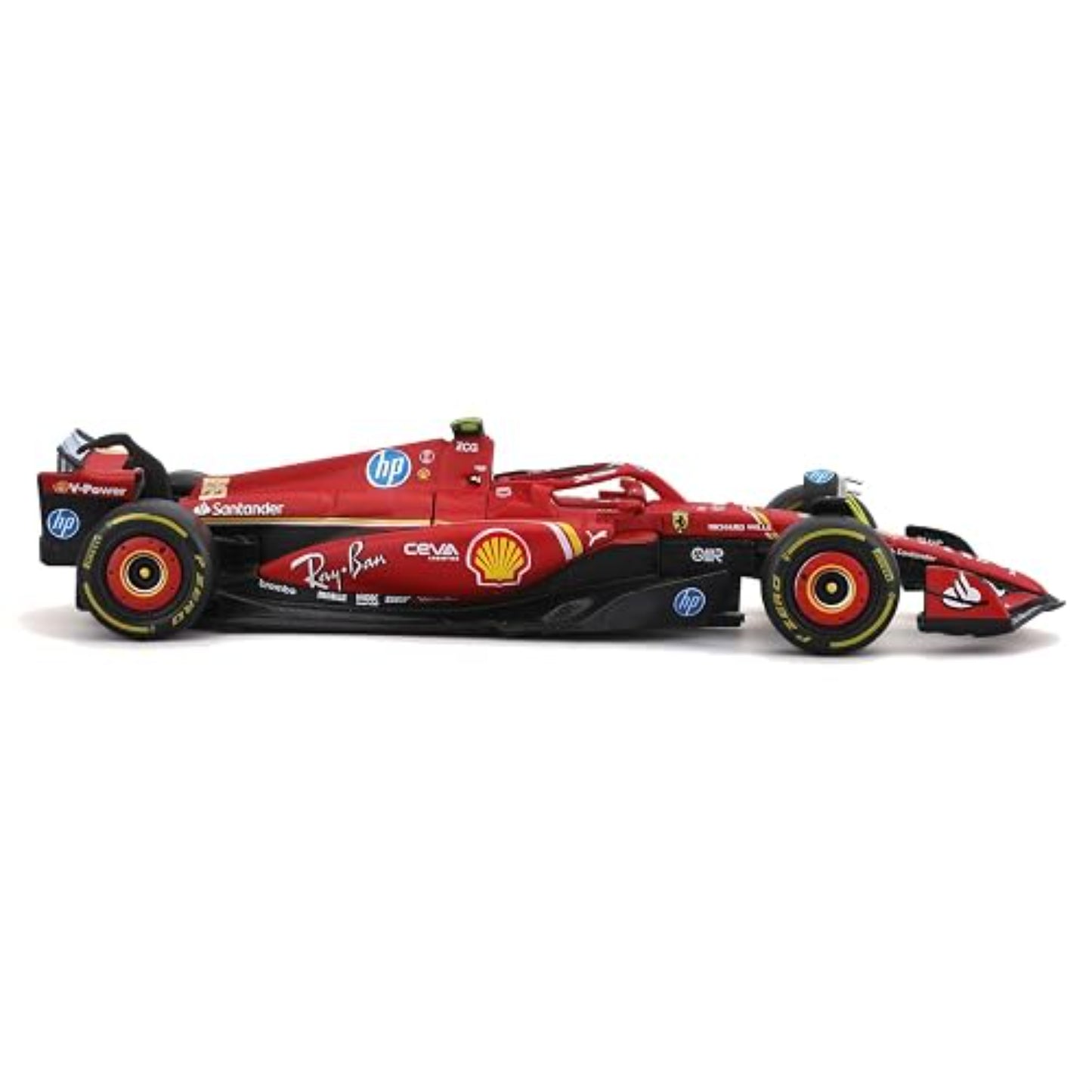 Carro de carreras rojo Maisto modelo Ferrari, vista lateral, excelente detalle