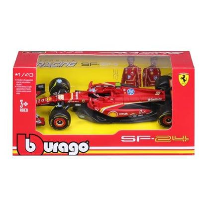 Carro Ferrari SF-24 rojo, modelo de colección, vista lateral en caja con piloto.