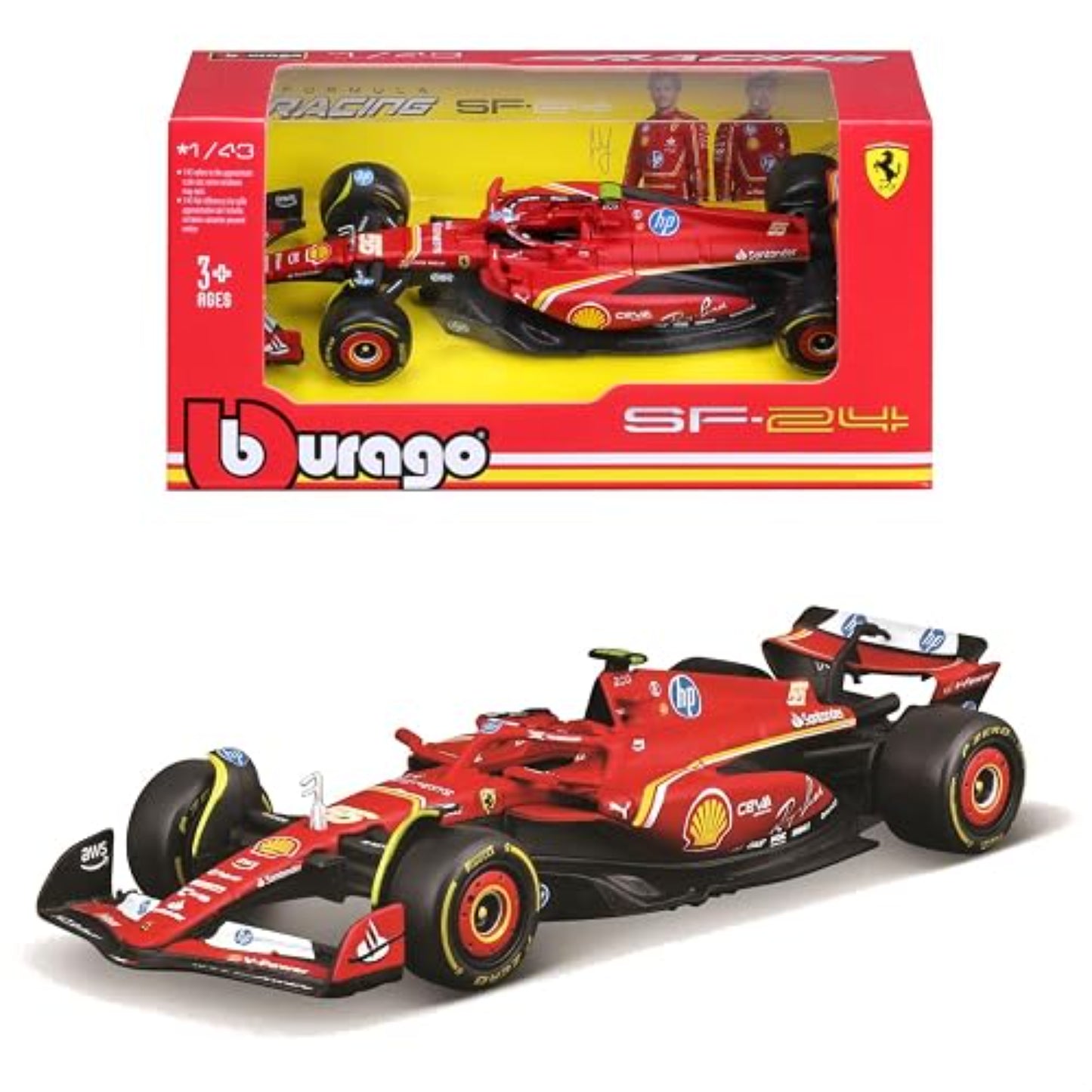 Carro Ferrari SF-24 rojo, vista frontal con caja, modelo a escala de colección