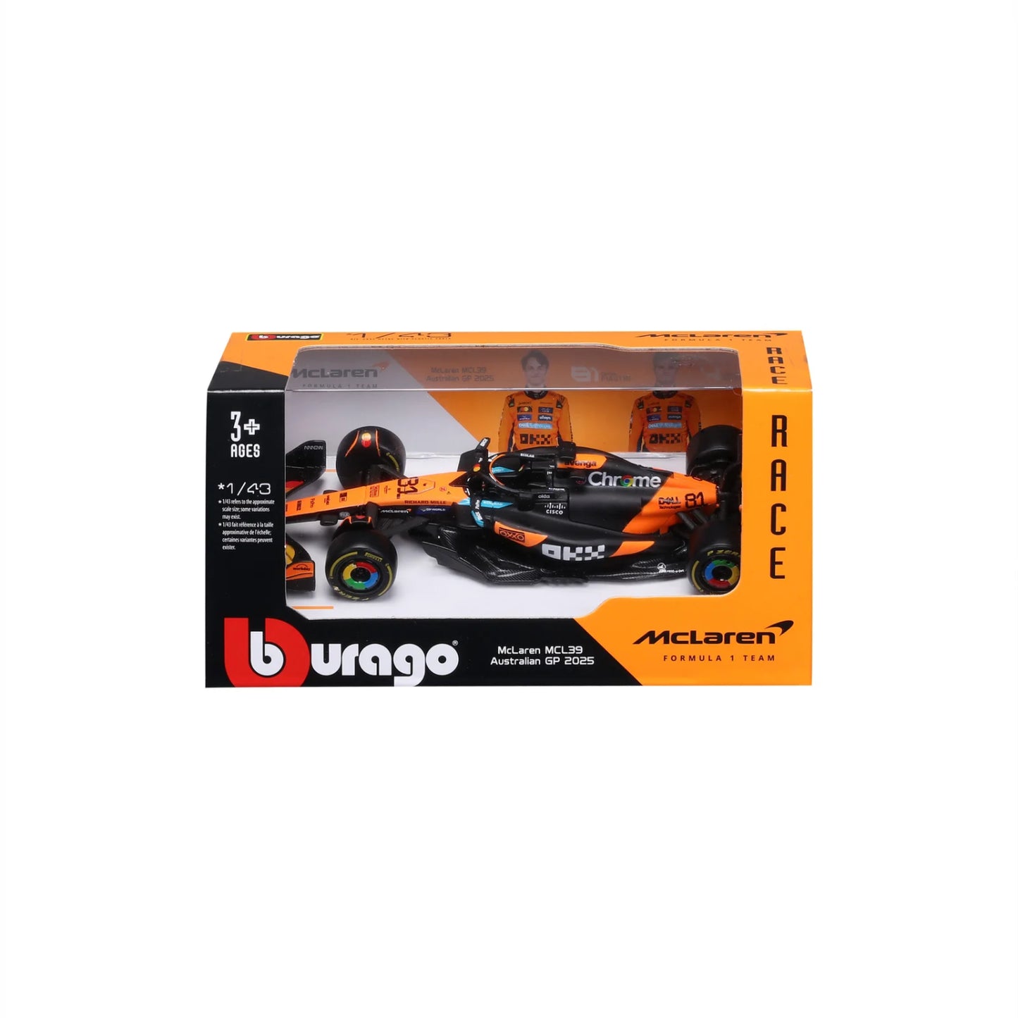 carro McLaren MCL29 naranja, vista frontal, modelo a escala para coleccionistas
