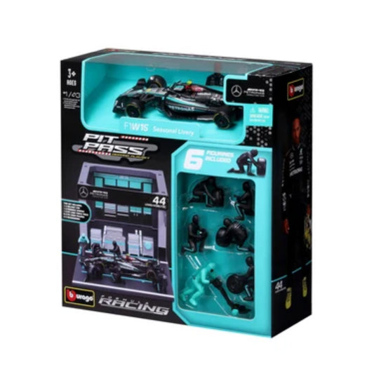 Carro de carreras Mercedes F1 modelo 44 con figuras para juegos