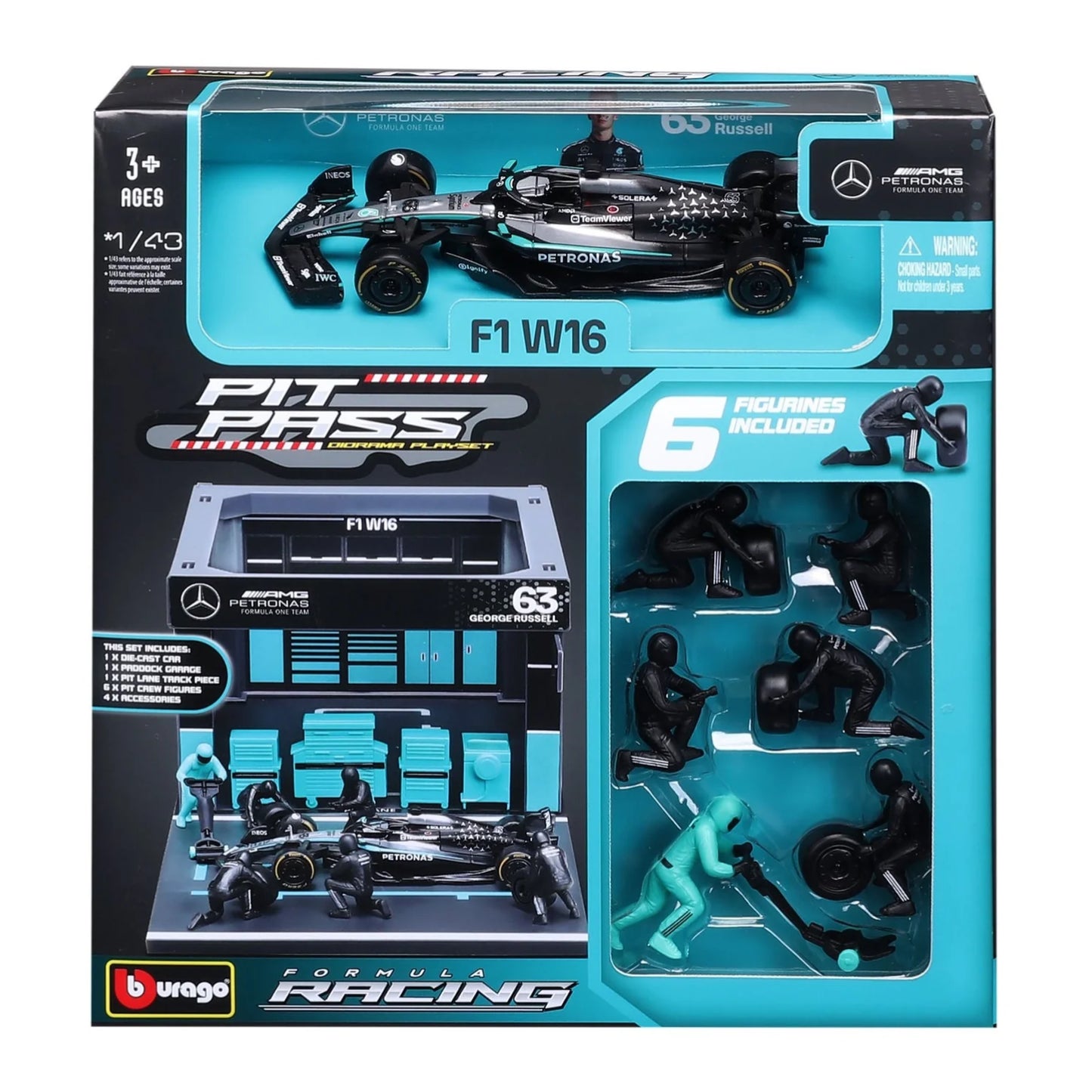 Carro de carreras F1 W16 negro con 6 figuras incluidas, vista frontal en su empaque.