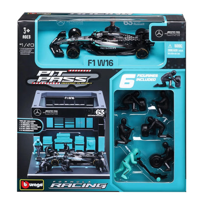 Carro de carreras F1 W16 negro con 6 figuras incluidas, vista frontal en su empaque.