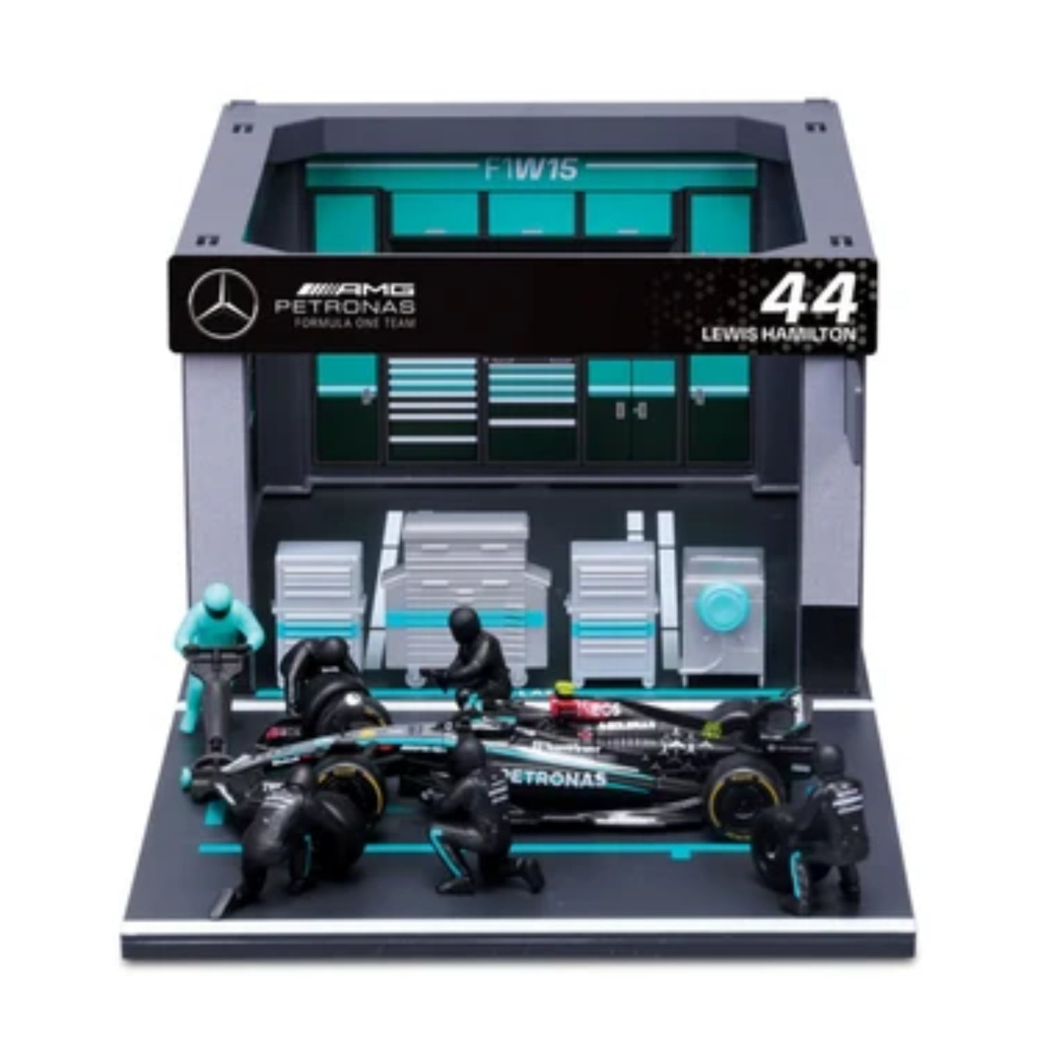 Carro de F1 Mercedes AMG Petronas con equipo de mecánicos en el taller