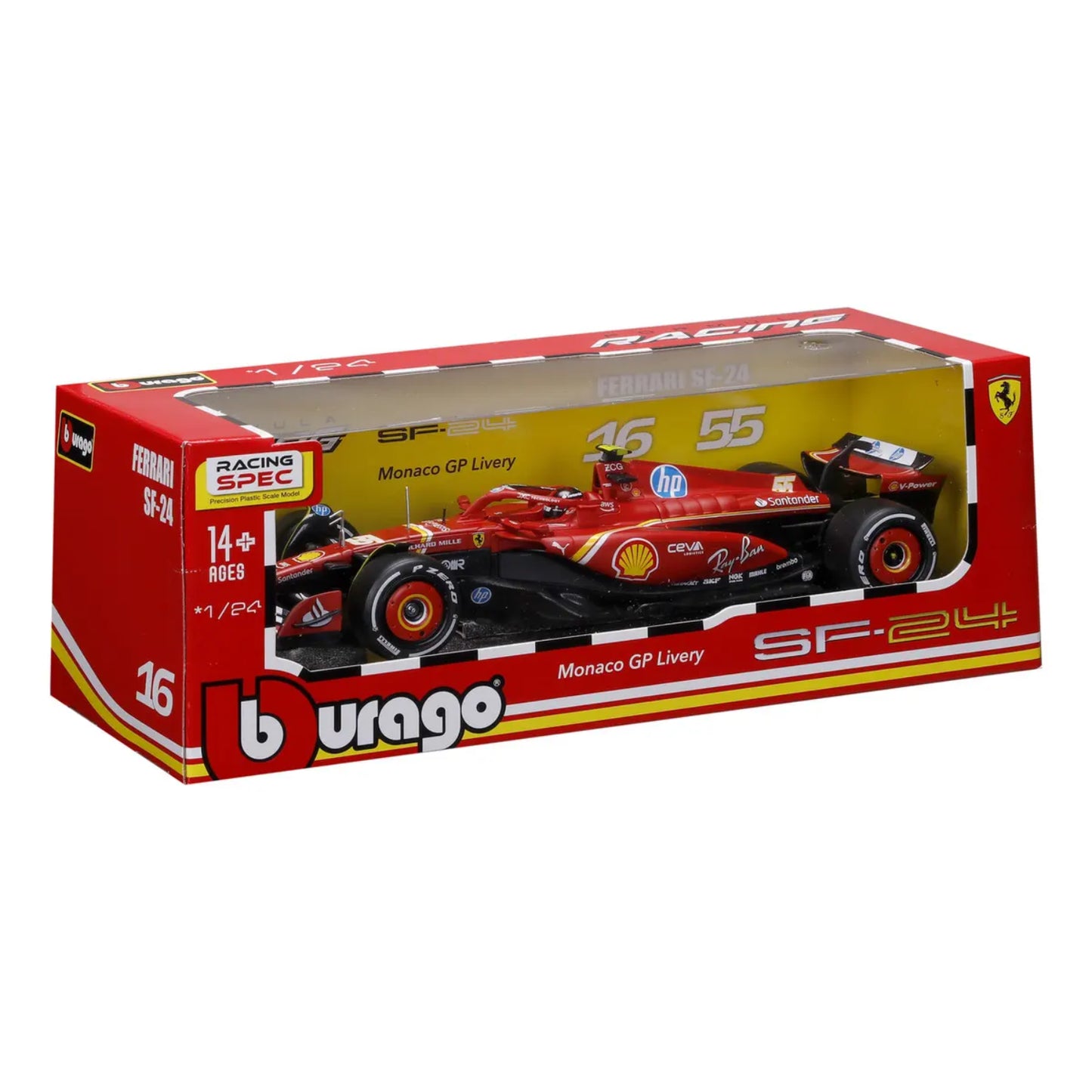 Carro Ferrari SF-24 rojo, modelo de colección Monaco GP, vista frontal en caja