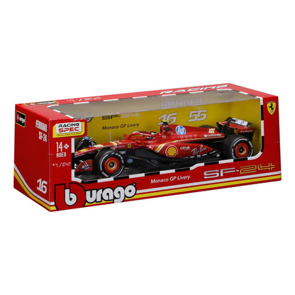 Carro Ferrari SF-24 rojo, modelo de colección Monaco GP, vista frontal en caja