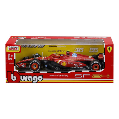 Carro Ferrari SF-24 rojo, vista frontal en caja para colección