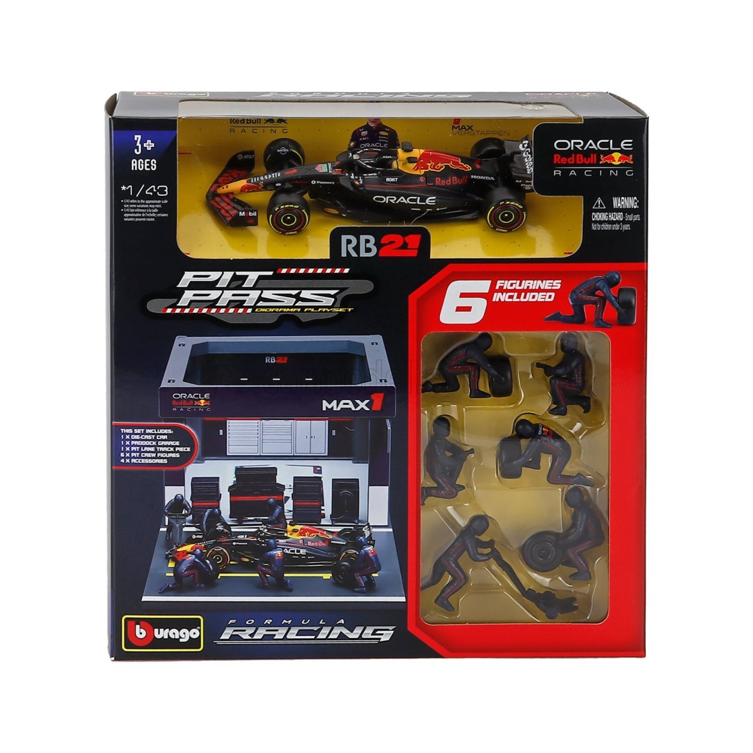 Carro de carrera Maisto RB21 negro con figuras incluido, vista frontal del empaque