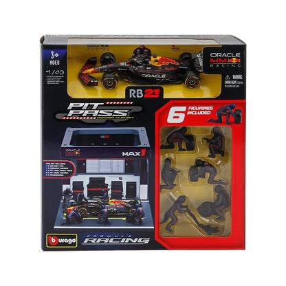 Carro de carrera Maisto RB21 negro con figuras incluido, vista frontal del empaque