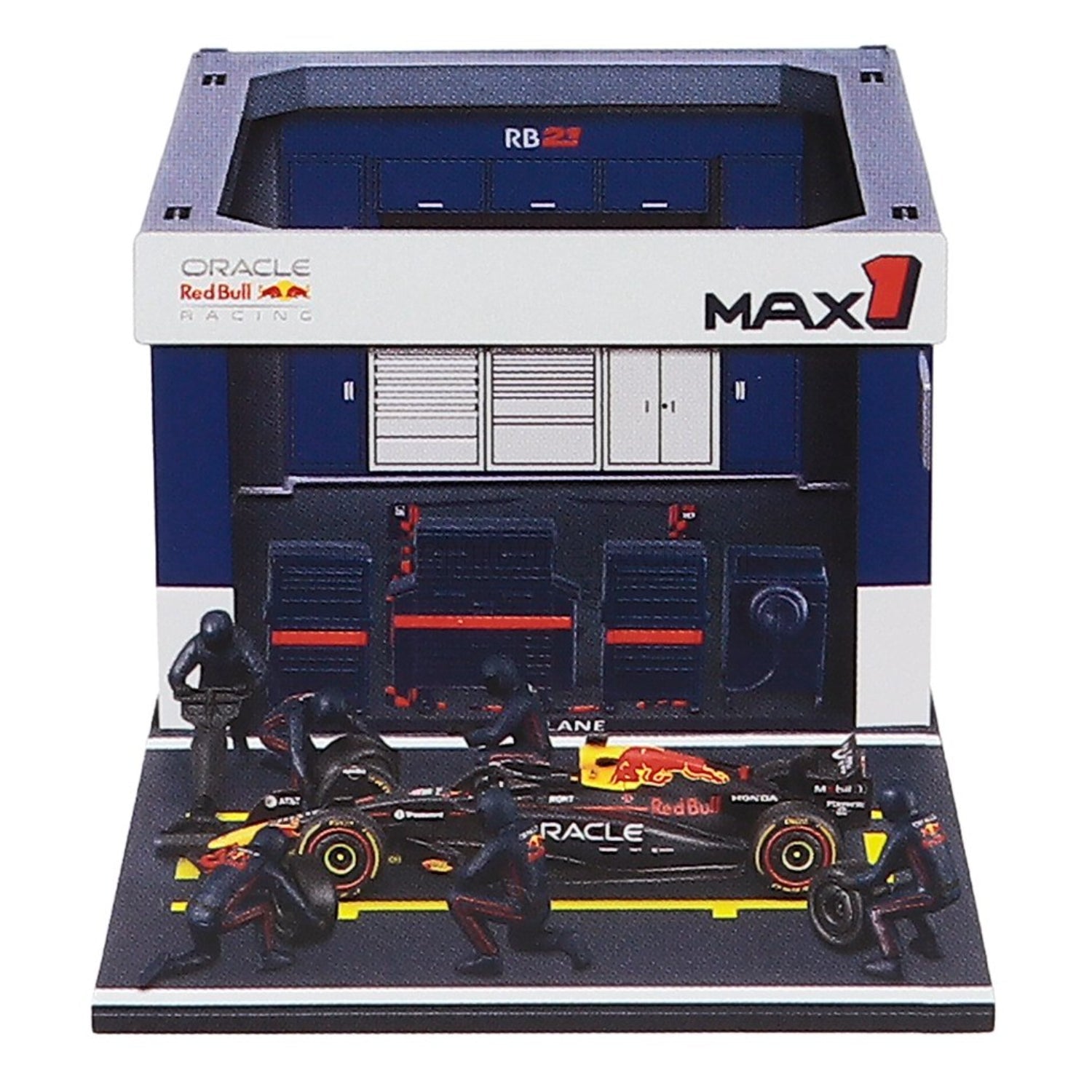 Carro Red Bull Racing con mecánicos en boxes, modelo de colección detallado