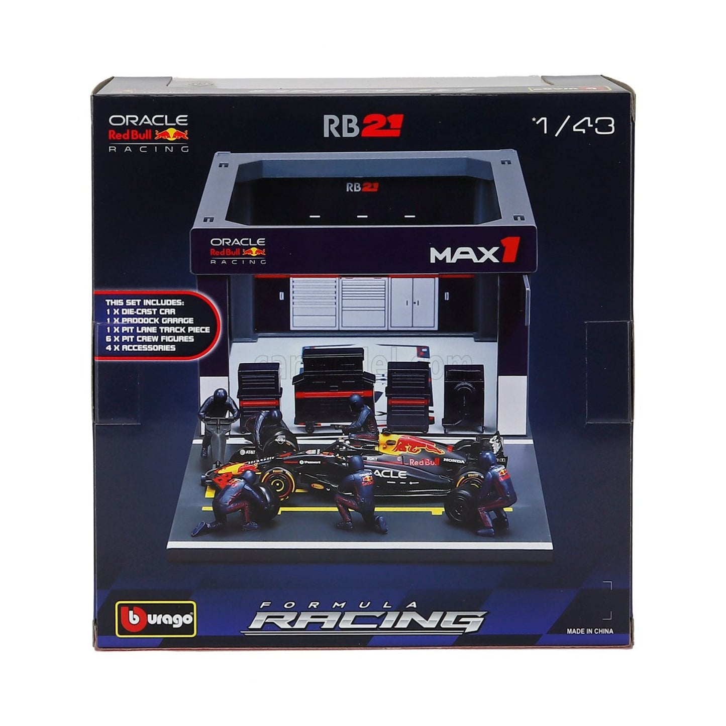 Carro de carreras Max Verstappen con modelo detallado y caja de exhibición