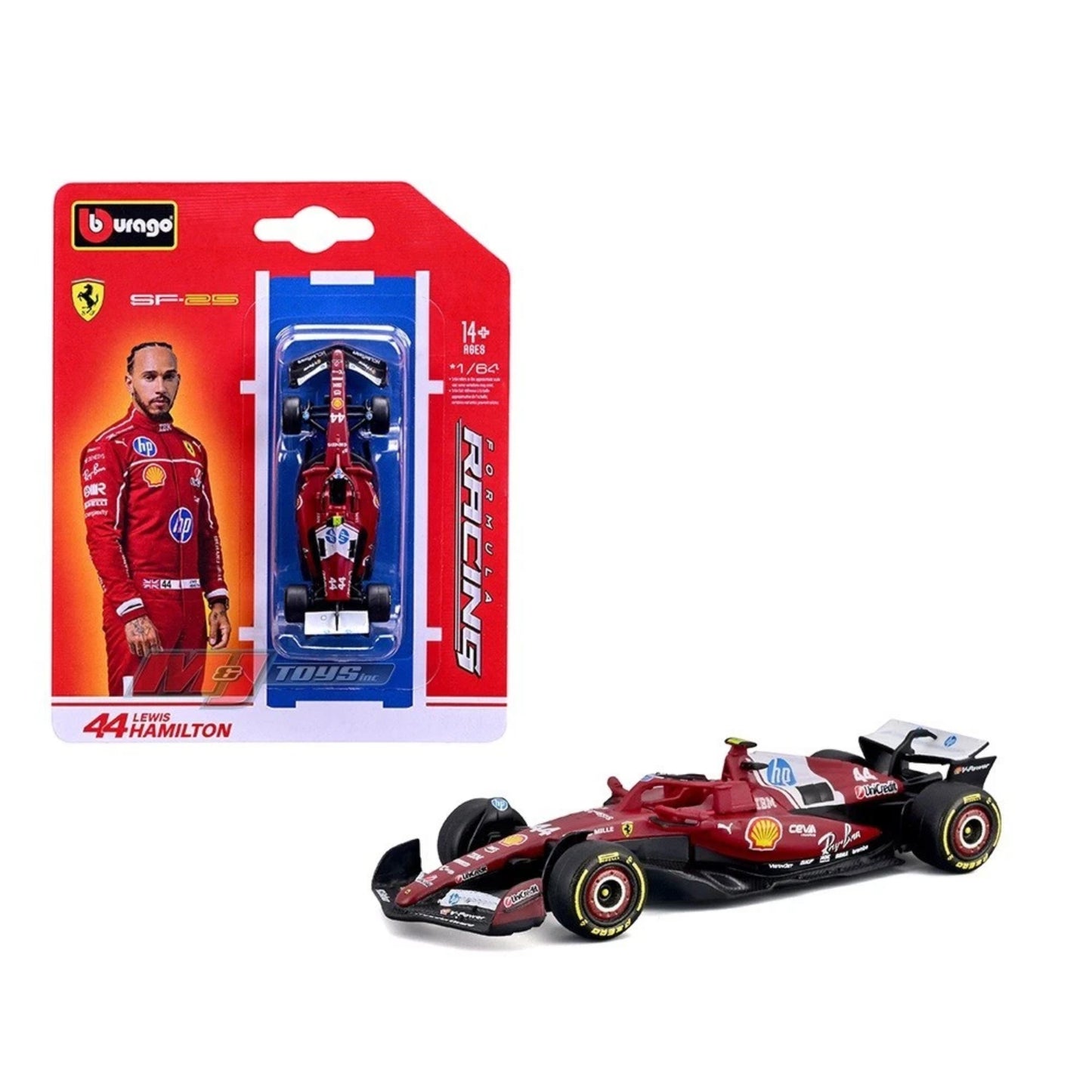 Auto de carreras Fórmula 1, modelo Ferrari, vista lateral con piloto incluido en empaque