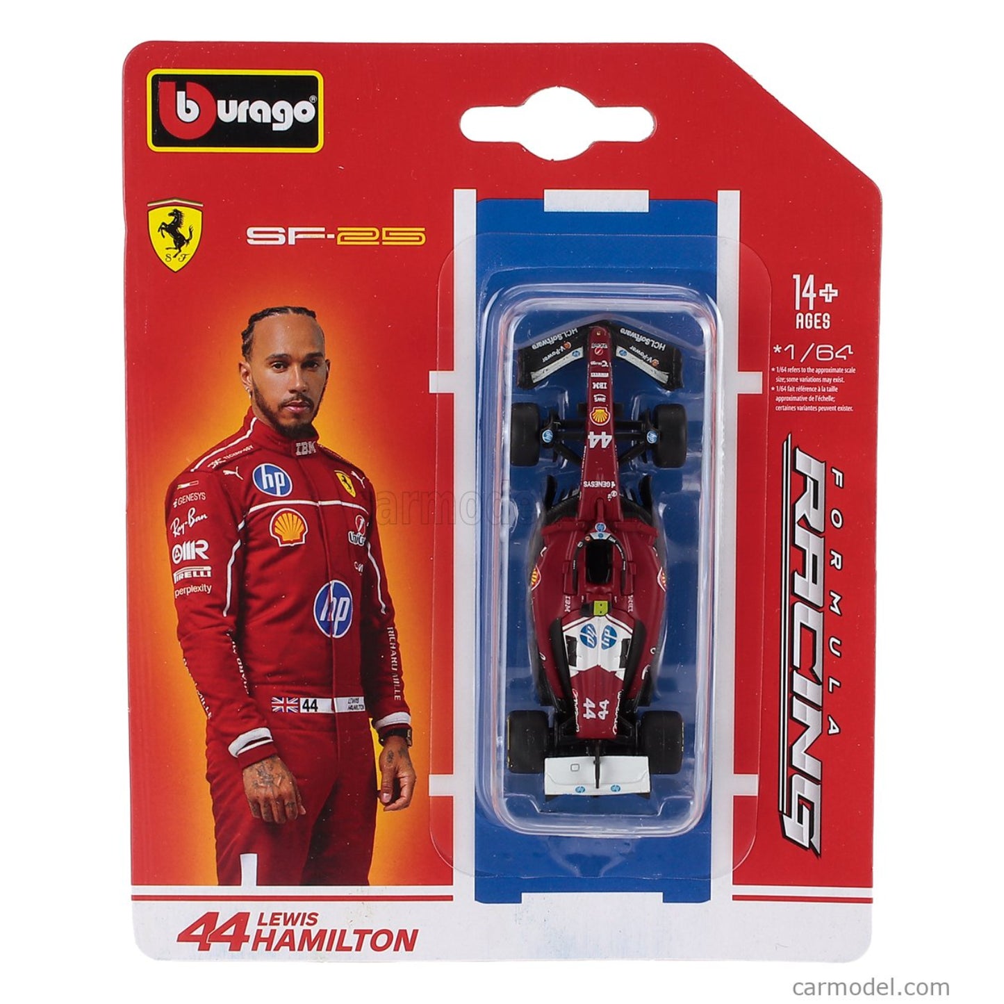 Modelo de auto de carreras Fórmula 1 rojo, vista frontal en empaque, de Lewis Hamilton