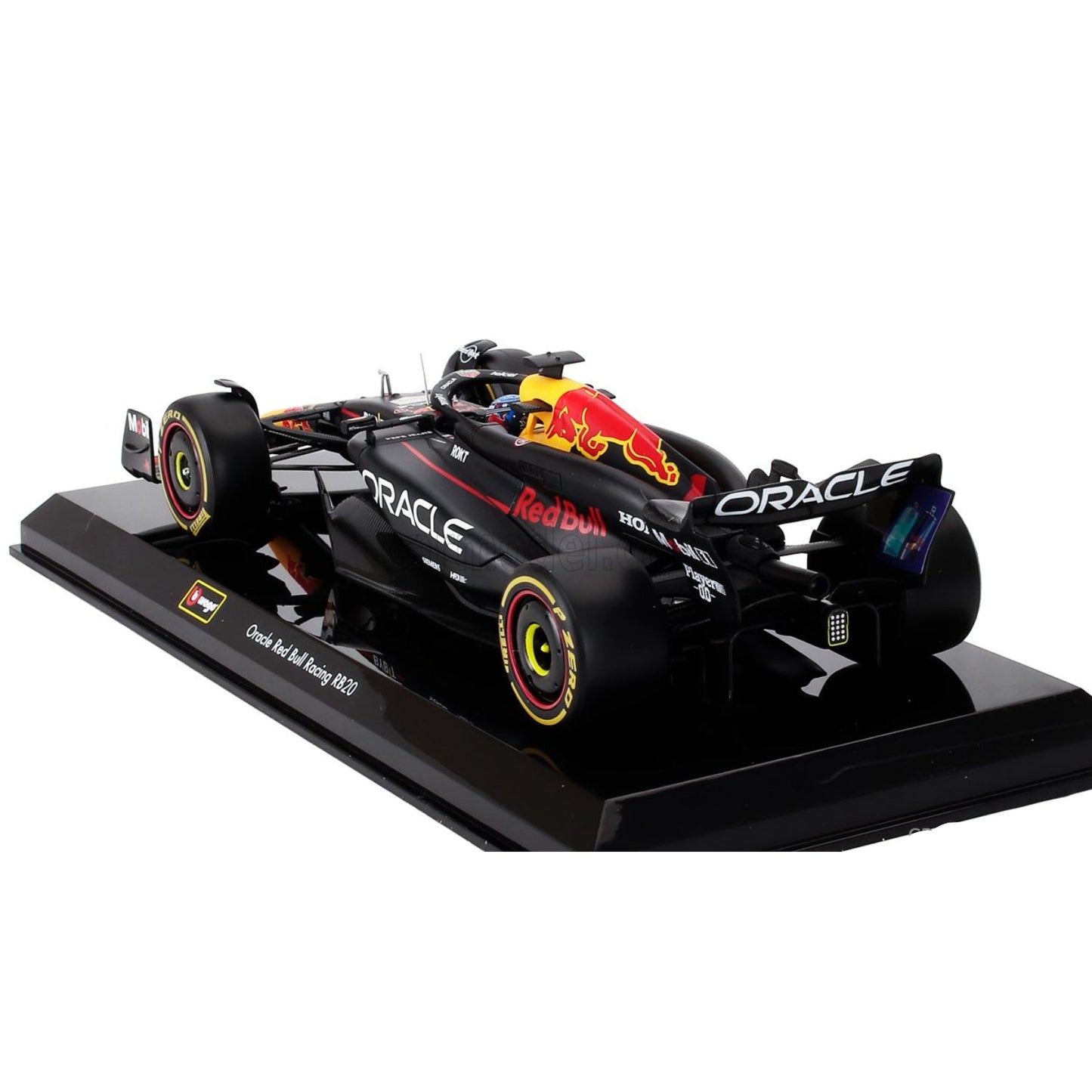 Modelo de auto de carreras Red Bull, escala, vista lateral en soporte.