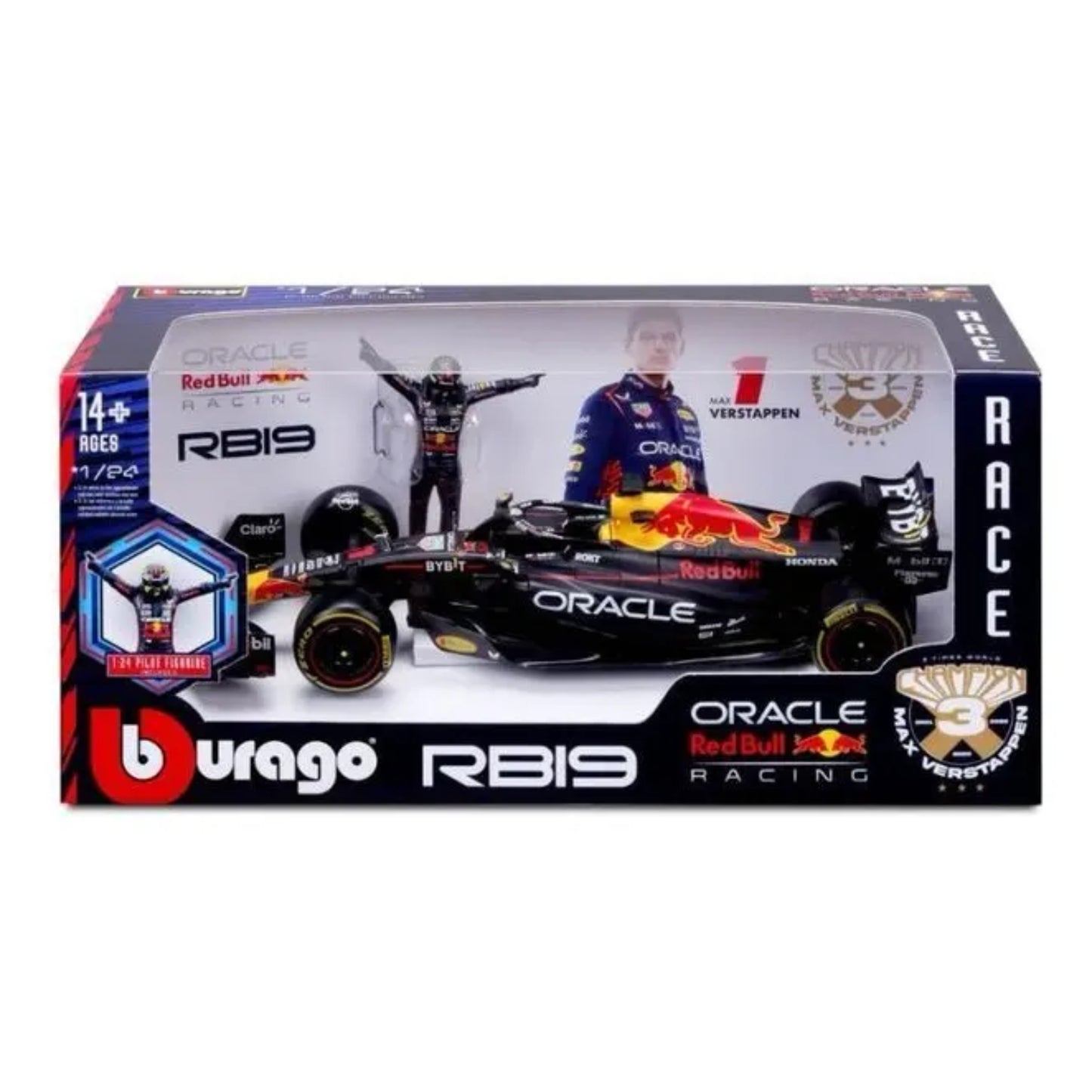 Carro f1 Maisto RB19 negro, modelo a escala en caja con piloto y diseño de Red Bull