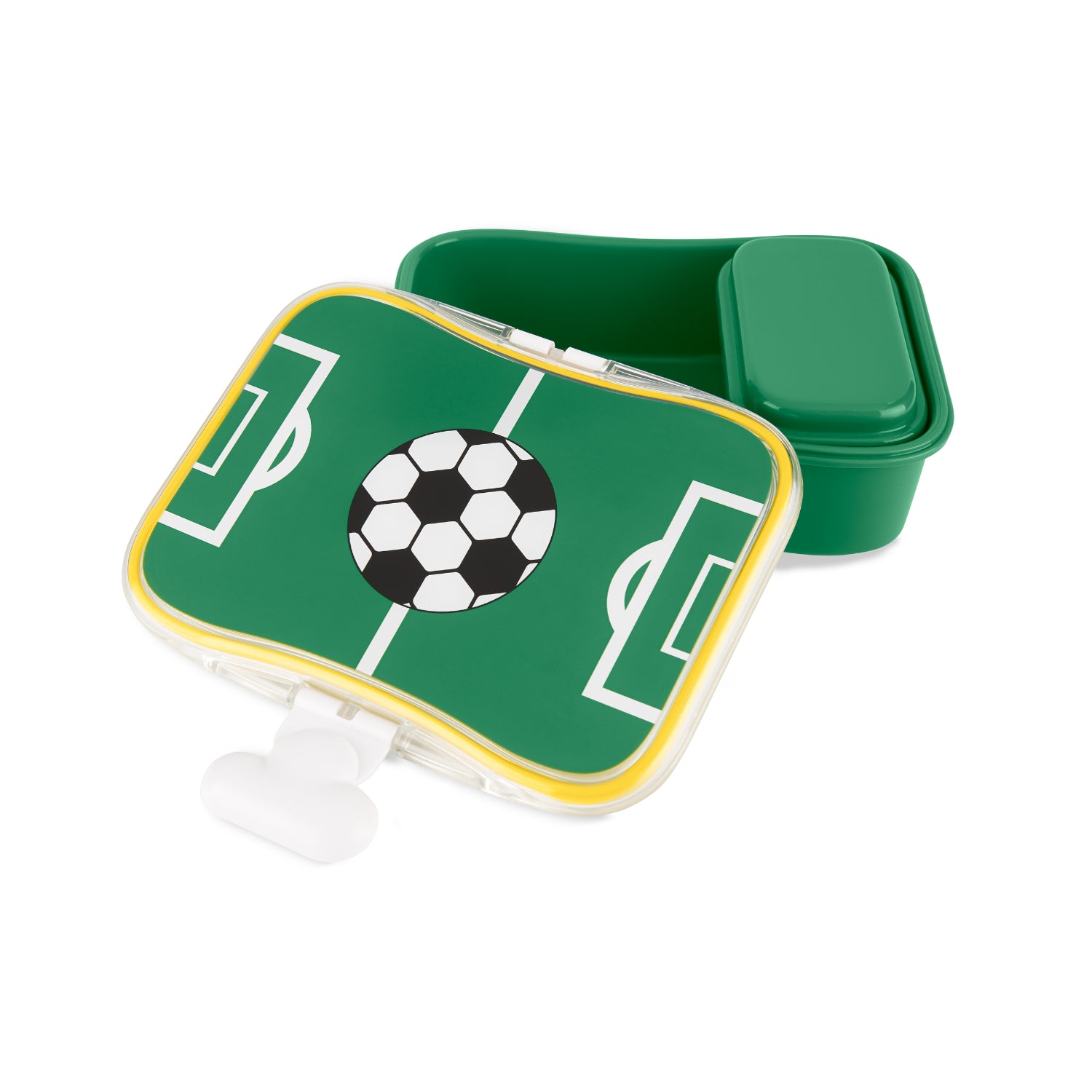 Lonchera verde con diseño de fútbol hoy, ideal para almuerzos deportivos