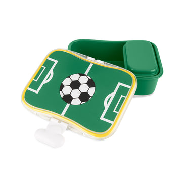 Lonchera verde con diseño de fútbol hoy, ideal para almuerzos deportivos