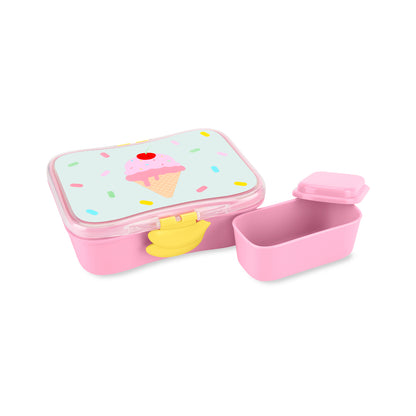 Lonchera rosa con diseño de helado, vista frontal y compartimento extra