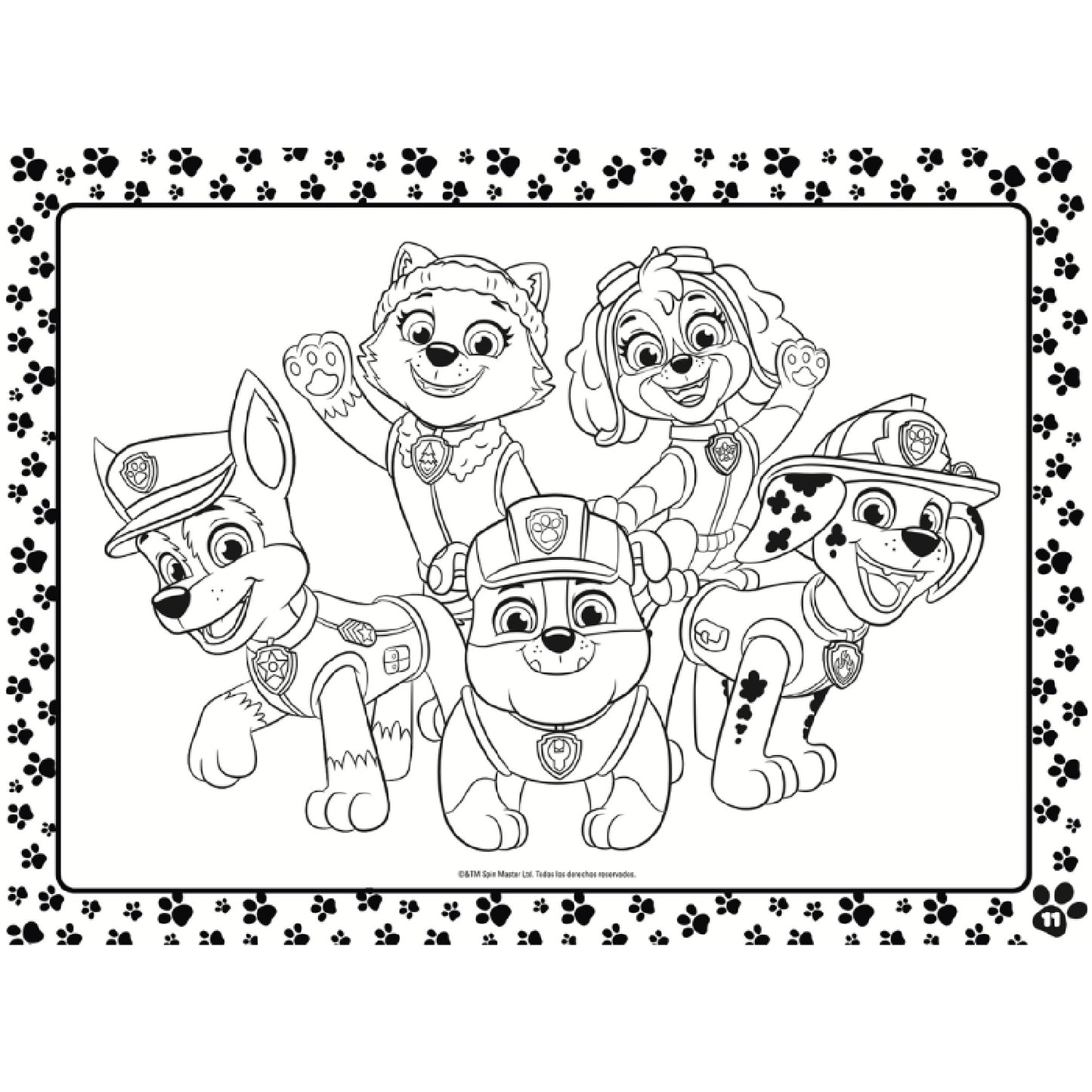 Dibujo para colorear de canina patrulla con cinco personajes en estilo infantil