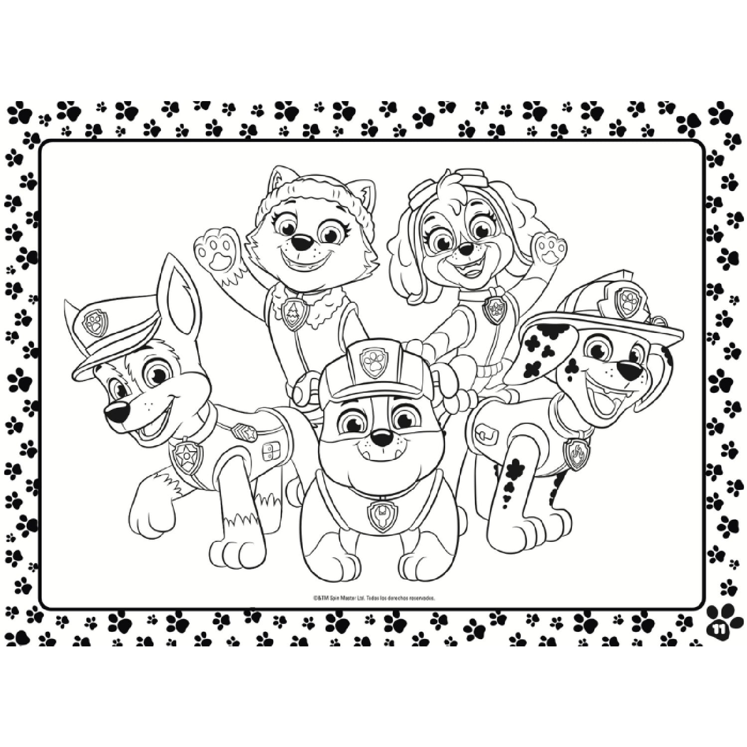 Dibujo para colorear de canina patrulla con cinco personajes en estilo infantil