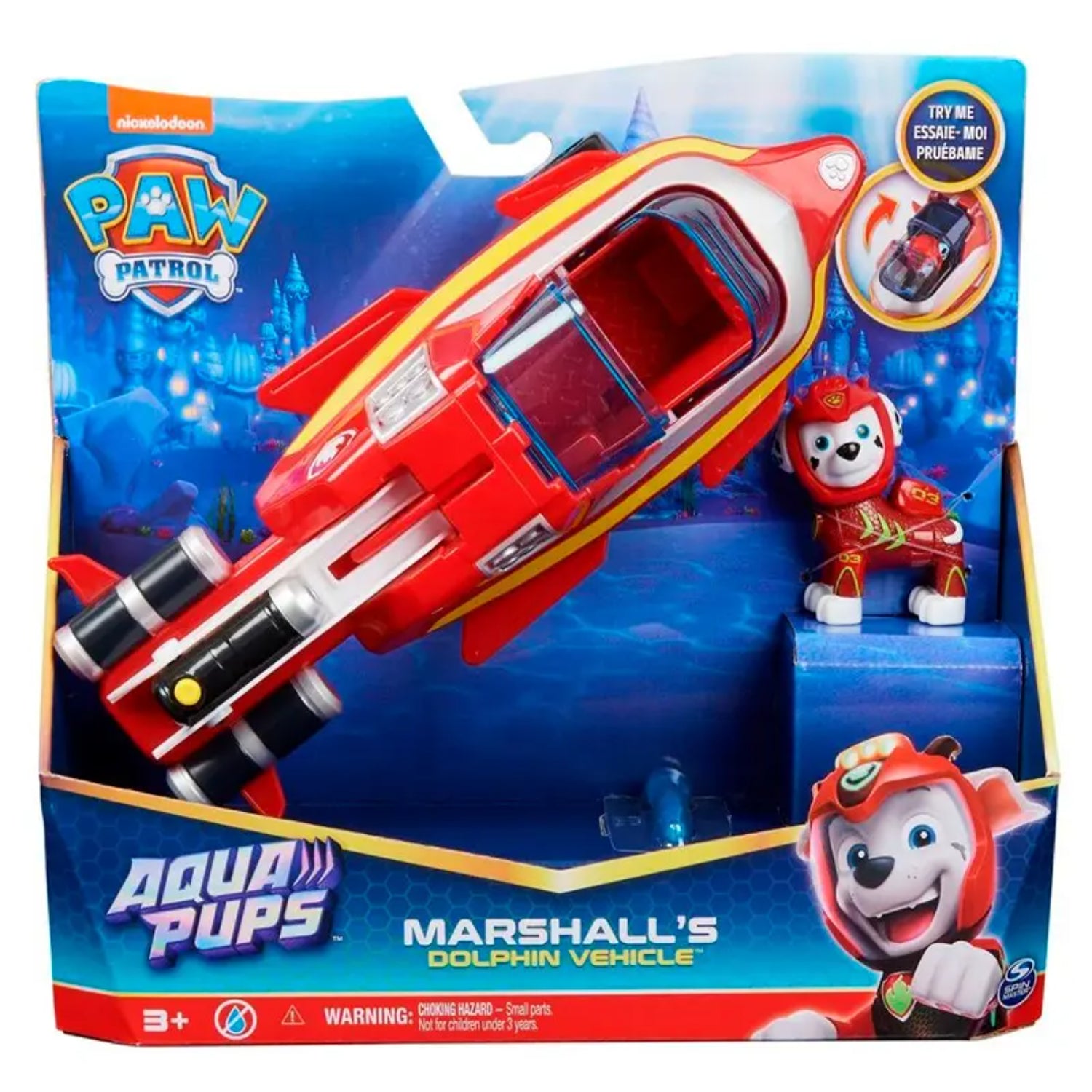 Vehículo de delfín de Marshall de Canina Patrulla, color rojo, vista frontal, juguete acuático