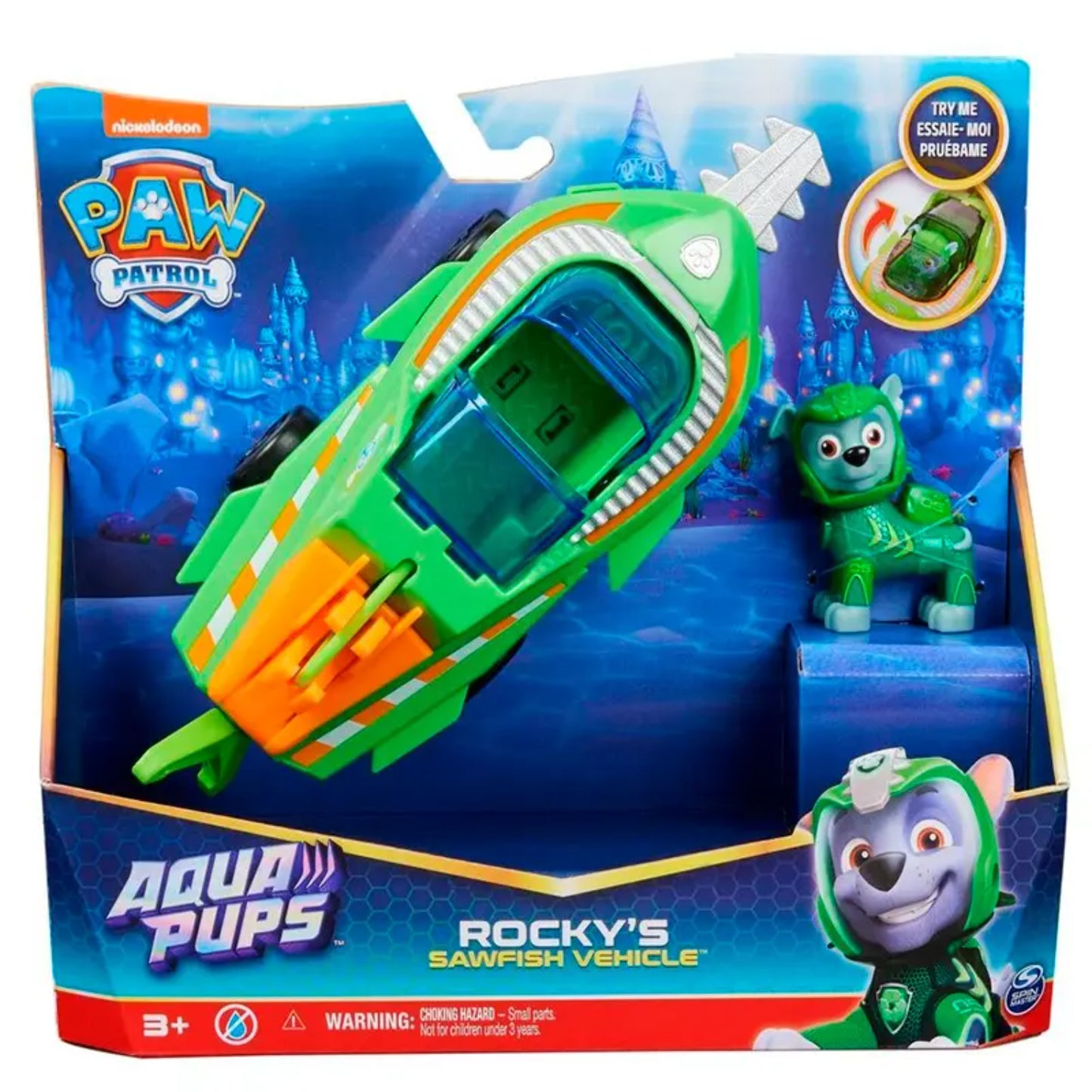 Vehículo de pez de Rocky de Paw Patrol canina patrulla, juguete verde con figura incluida