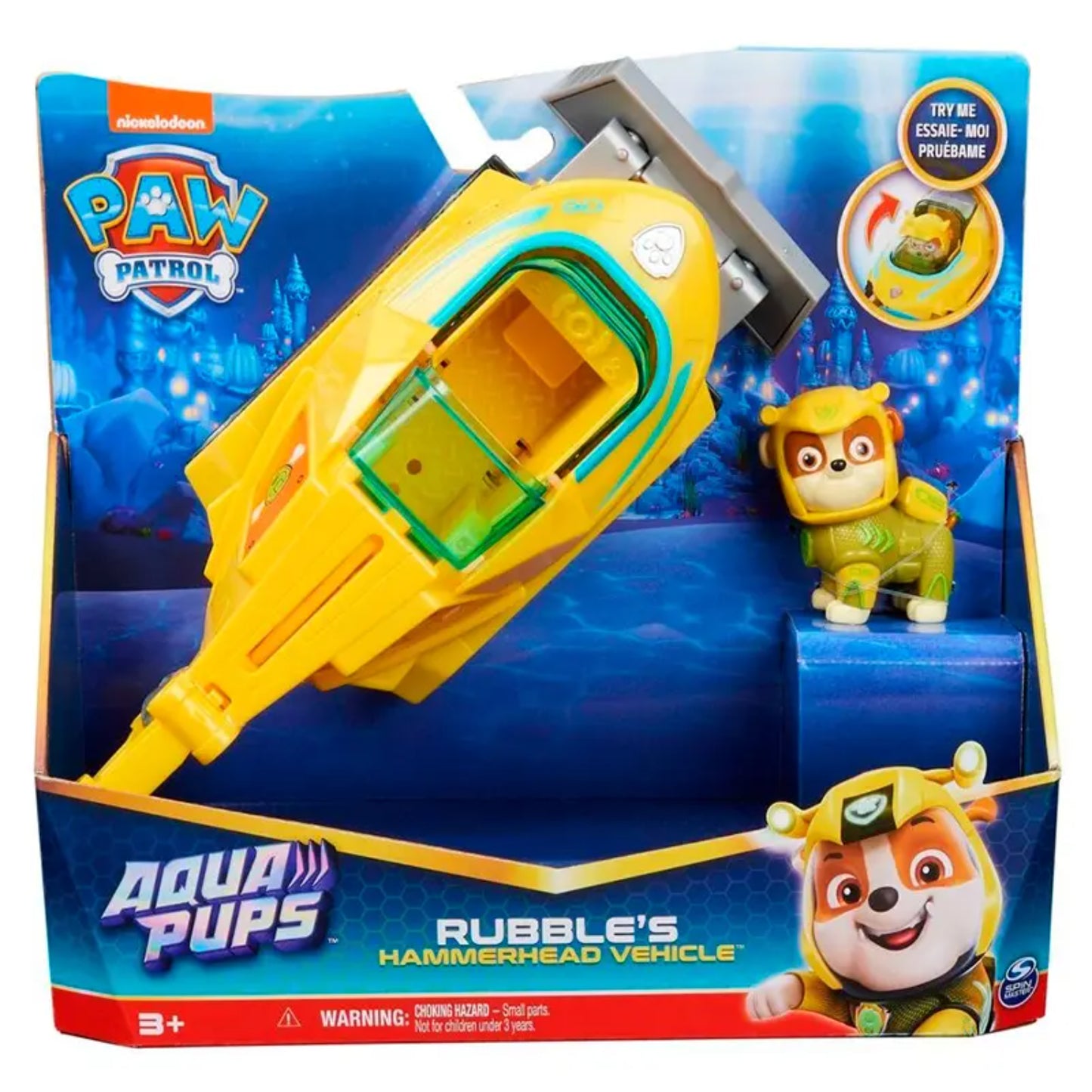 Vehículo Hammerhead de Rubble de Patrulla Canina, color amarillo, vista frontal con figura de Rubble