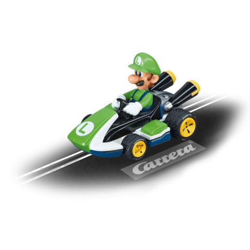 Carrito de carreras Luigi verde con detalles negros y amarillos, vista lateral en pista Carrera