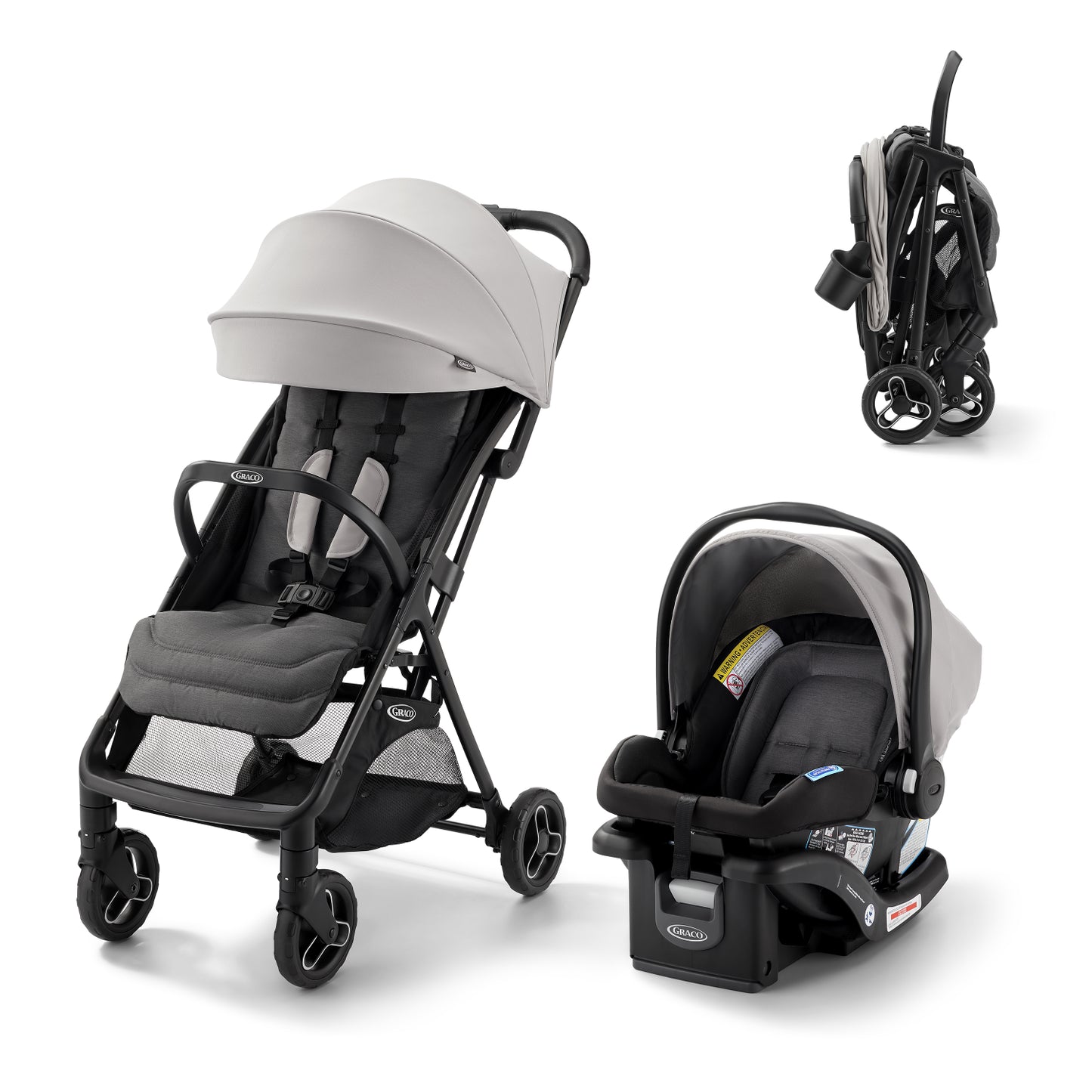 Cochecito gris GRACO con silla de auto, vista frontal y plegable
