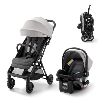 Cochecito gris GRACO con silla de auto, vista frontal y plegable