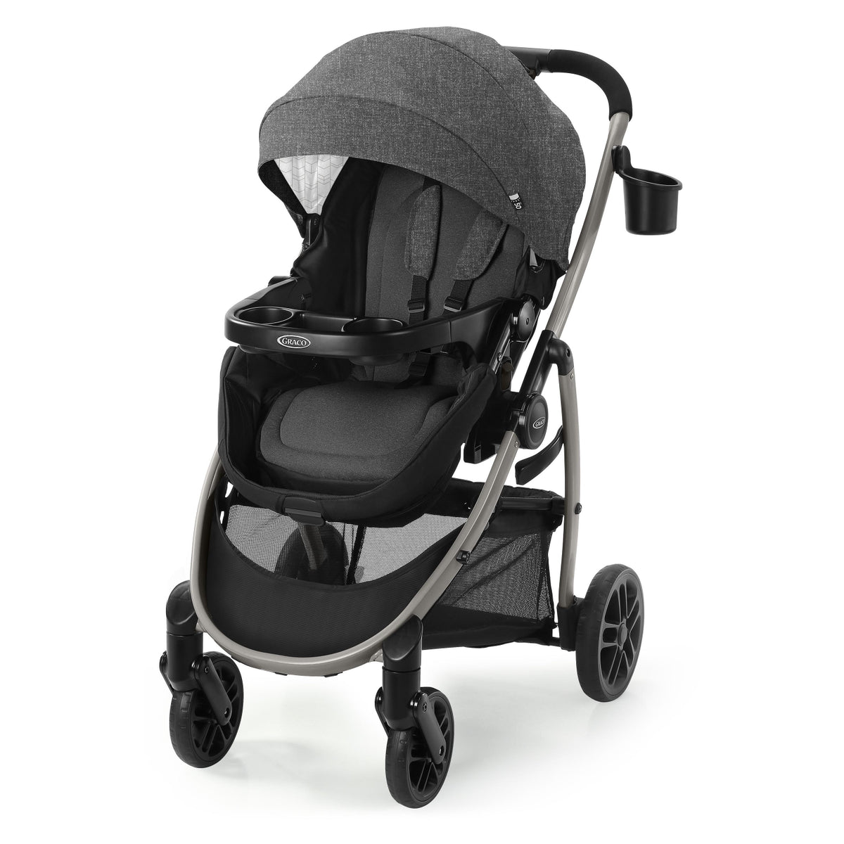 Cochecito GRACO gris frontal, con paraguas y bandeja para padres