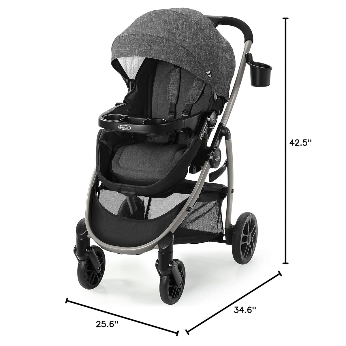 Cochecito GRACO gris con capota, vista frontal y medidas detalladas