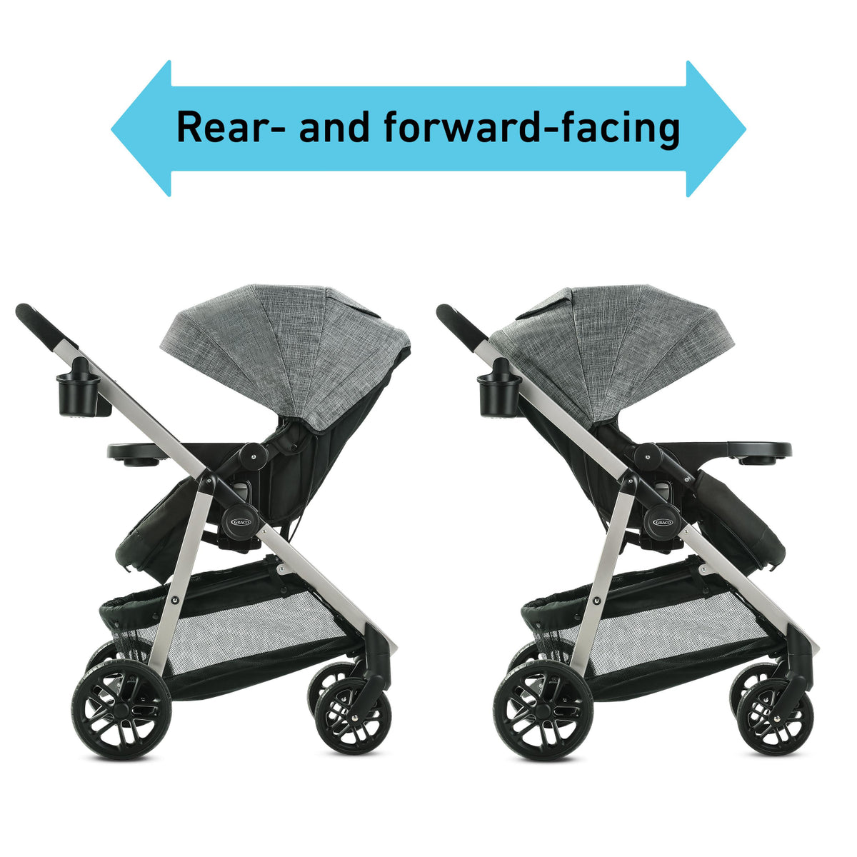 Carrito de bebé GRACO gris, vista lateral, orientable hacia adelante y hacia atrás