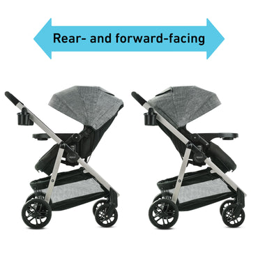 Carrito de bebé GRACO gris, vista lateral, orientable hacia adelante y hacia atrás