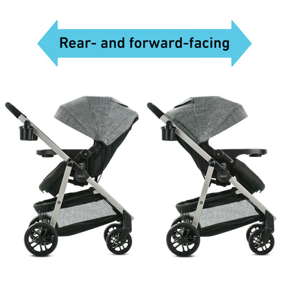 Carrito de bebé GRACO gris, vista lateral, orientable hacia adelante y hacia atrás