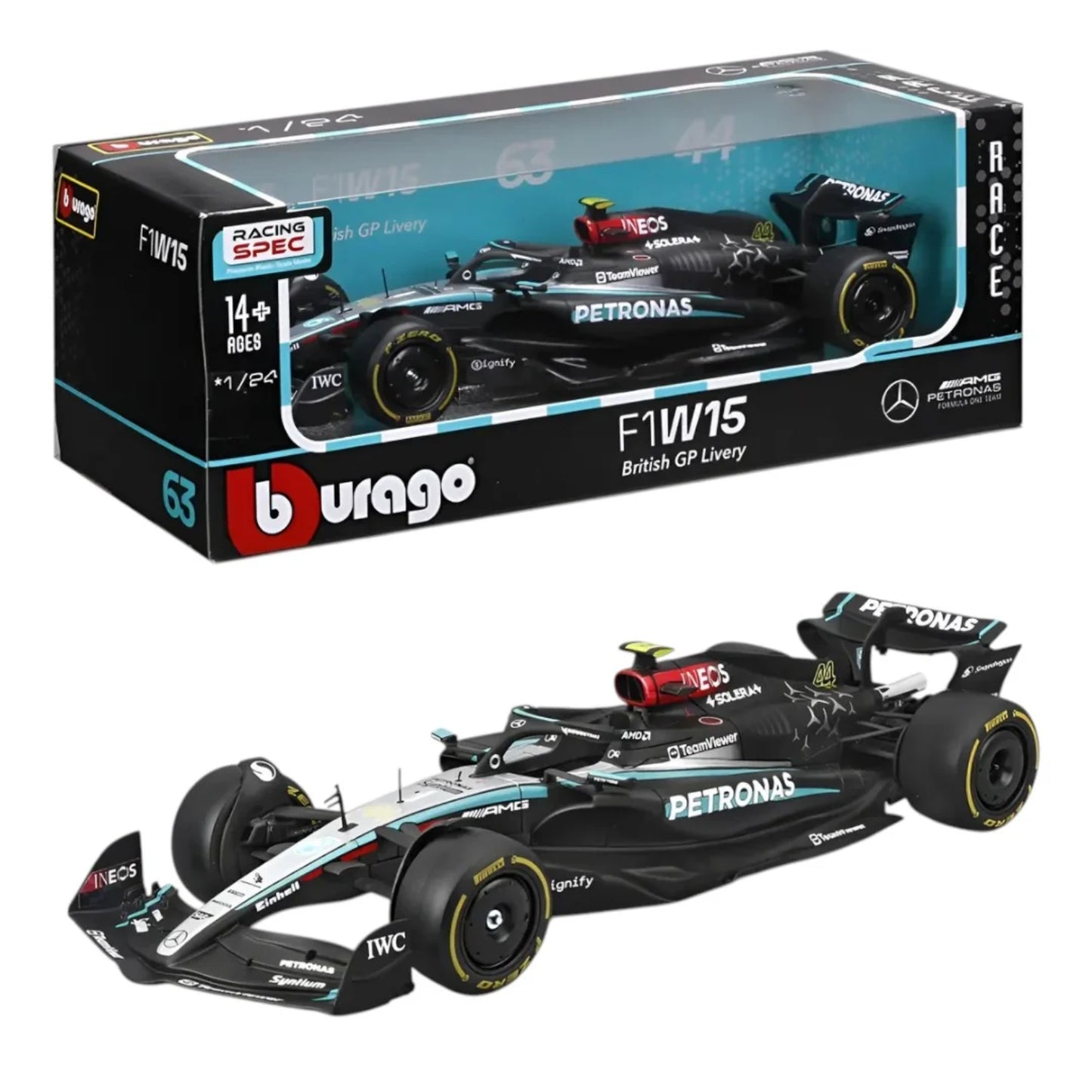 Carro F1 negro, modelo F1W15, vista lateral con caja de presentación