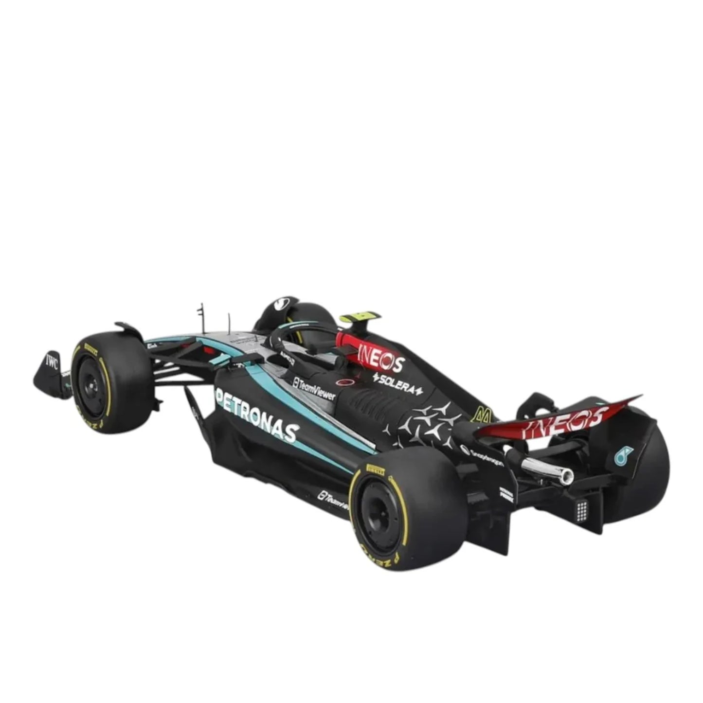 Carro F1 negro modelo MAISTO, vista lateral, detalle aerodinámico