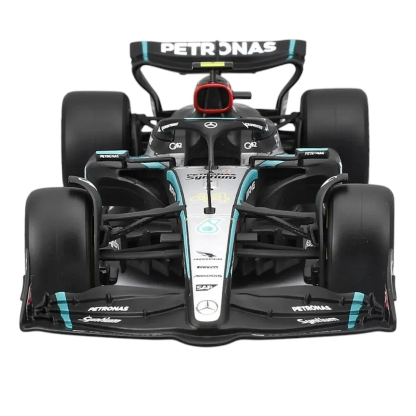 Carro F1 negro y plata frontal, modelo detallado de Maisto