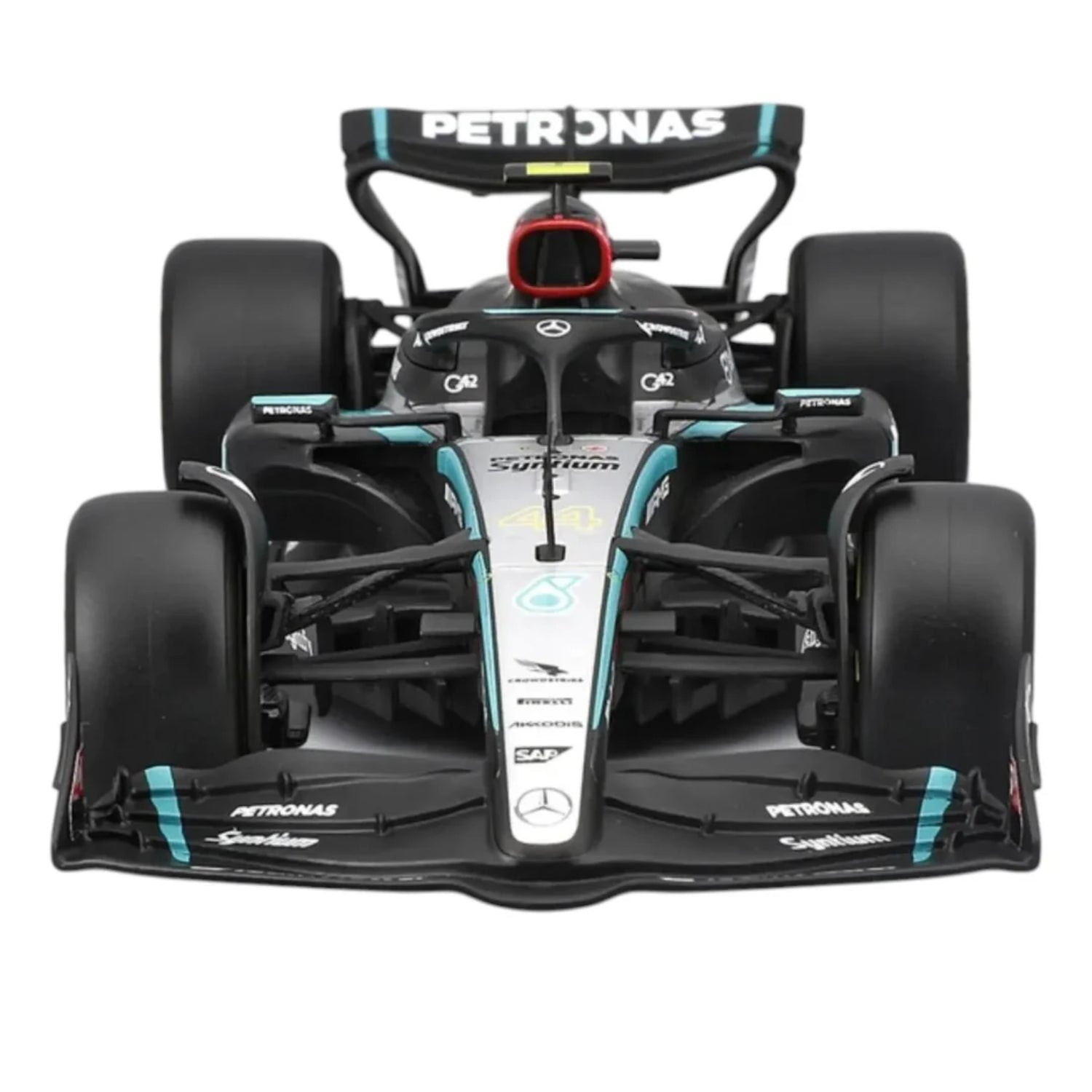 Carro F1 negro y plata frontal, modelo detallado de Maisto