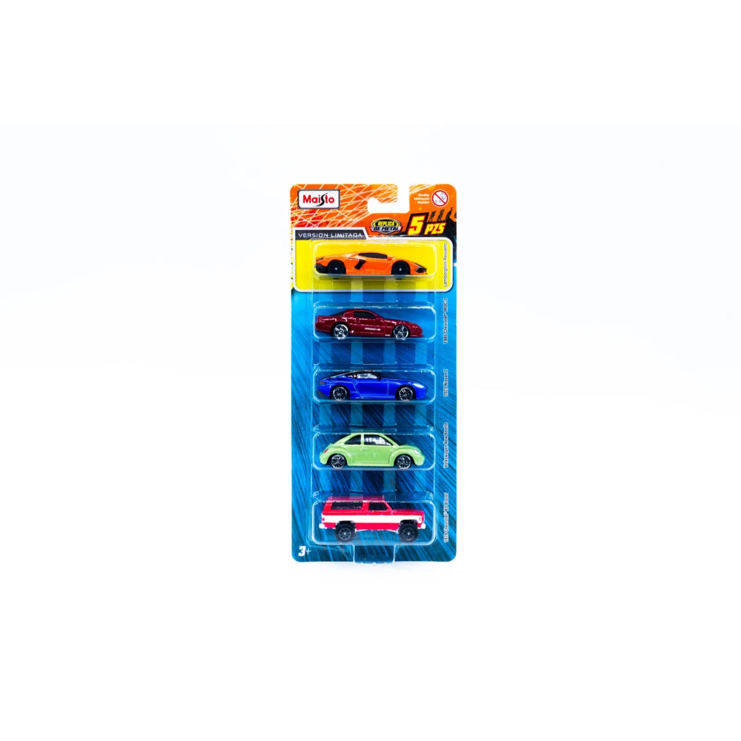 Conjunto de cinco carros de juguete, colores variados, vista frontal en empaque