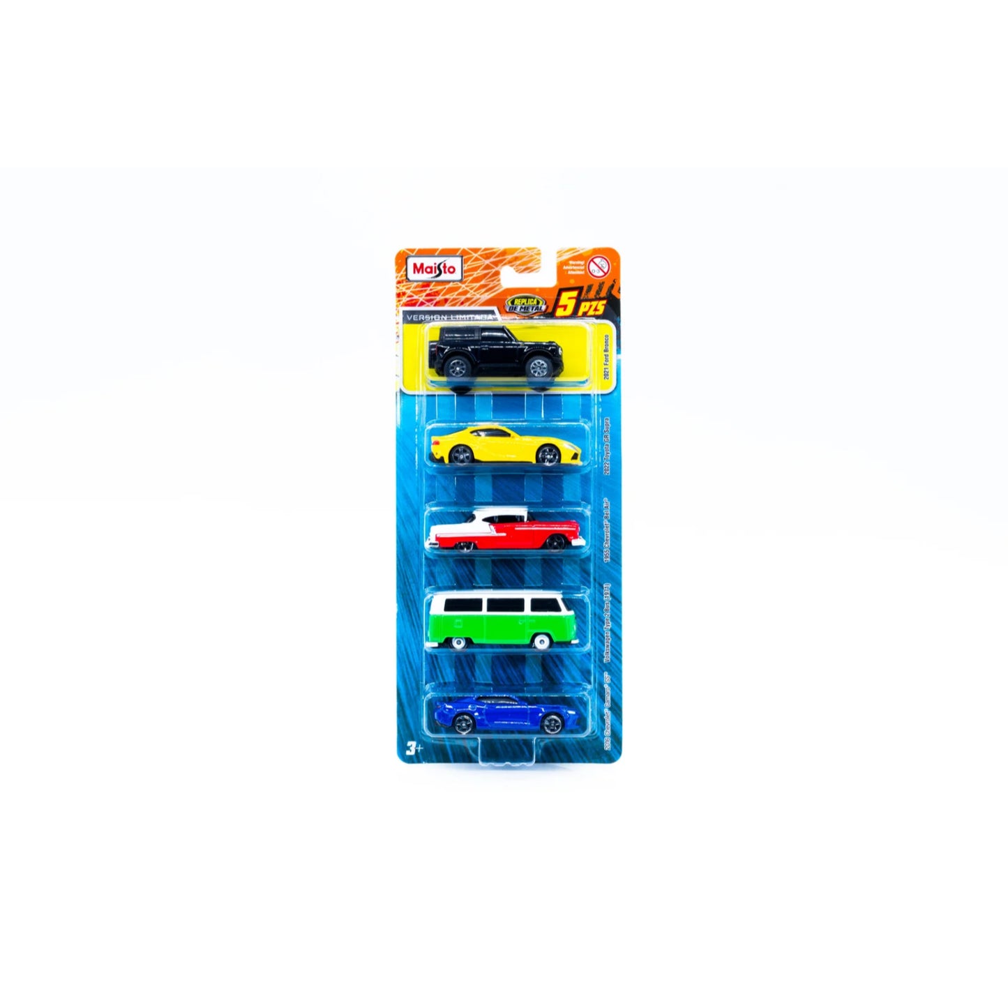 Juego de cinco carros de diferentes colores en empaque, juguete ideal para niños